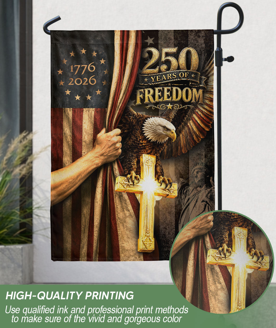 House Flag Christian Cross Eagle 250 Years of Freedom 1776-2026 Patriotic