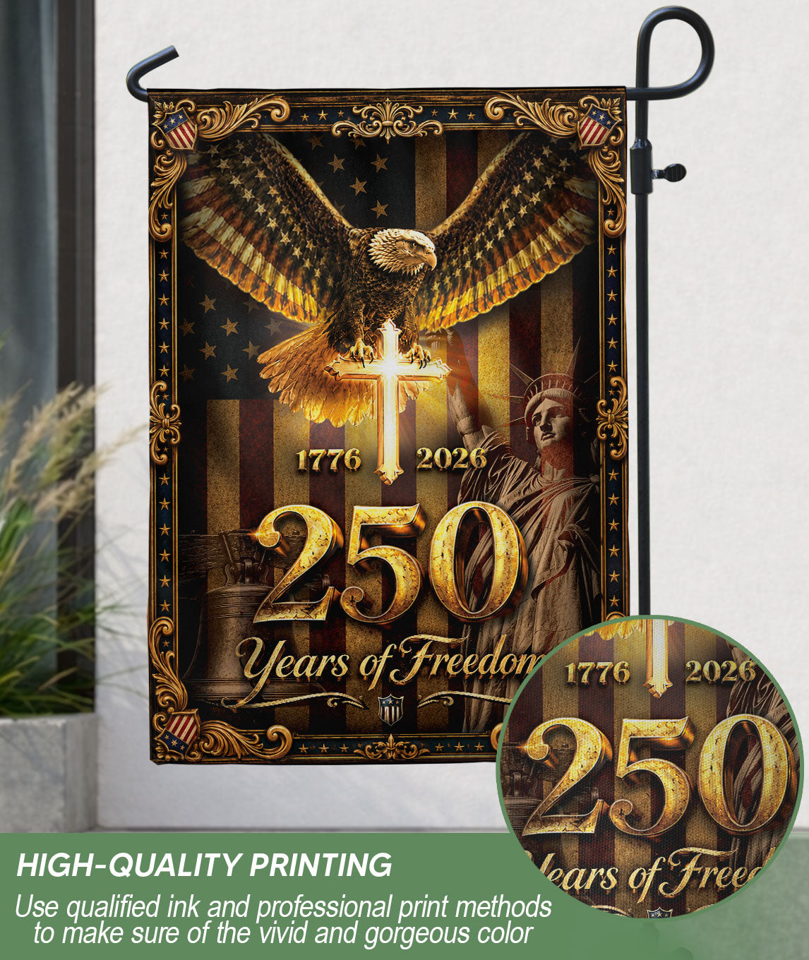 1776-2026 Christian Cross Eagle Statue of Liberty House Flag 250 Years Banner Decor