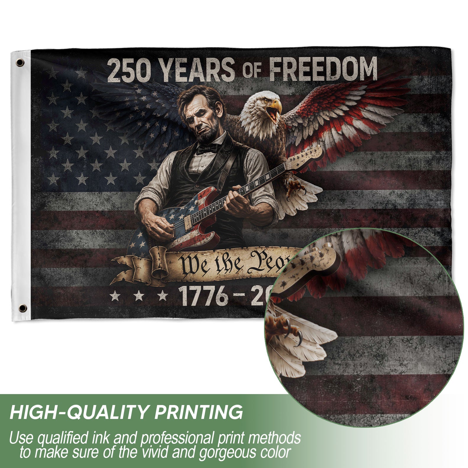 250 Years of Freedom Flag 1776-2026 Abraham Lincoln Guitar Patriotic US Banner