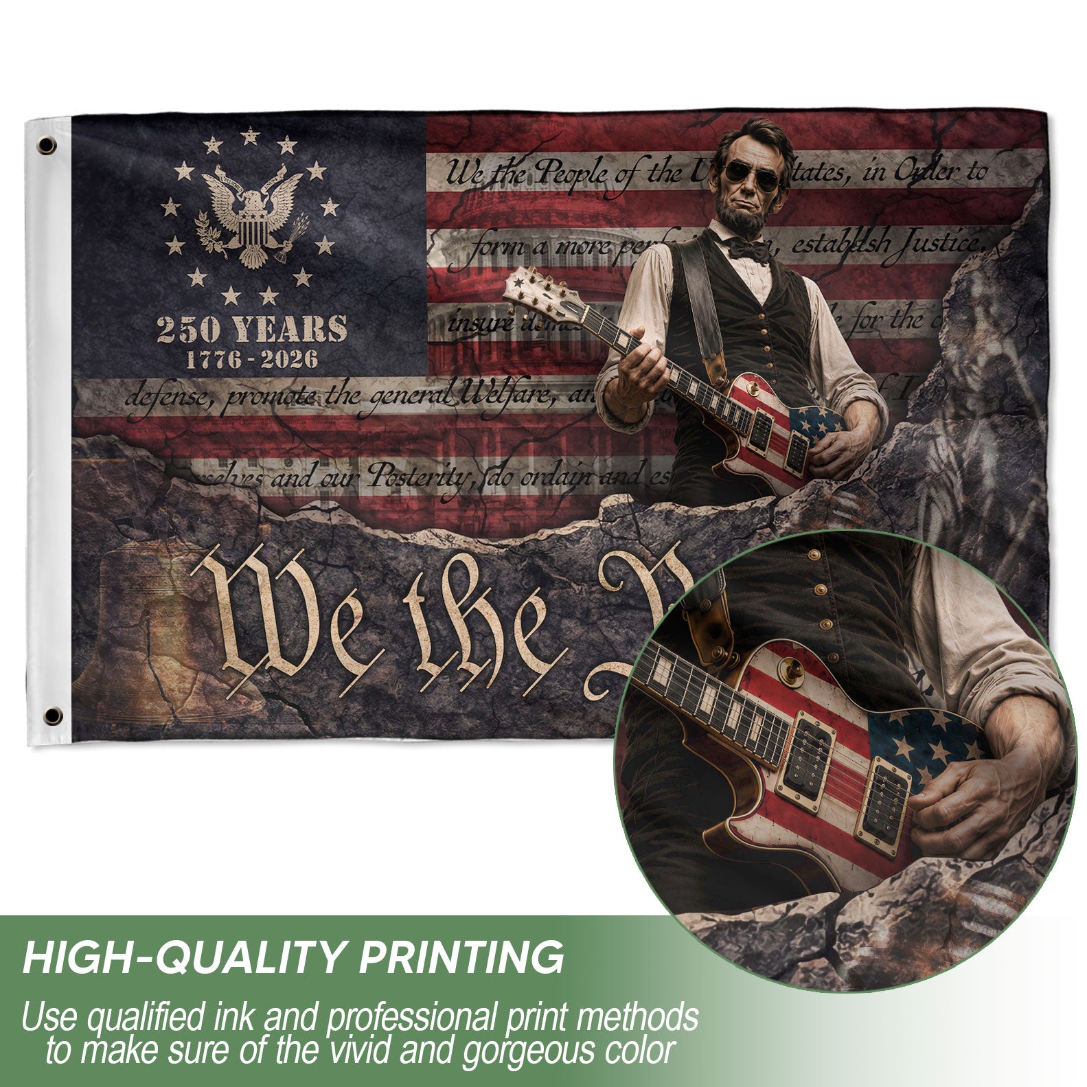 250 Years of Freedom Flag 1776-2026 Abraham Lincoln Guitar Bald Eagle Patriotic US Banner