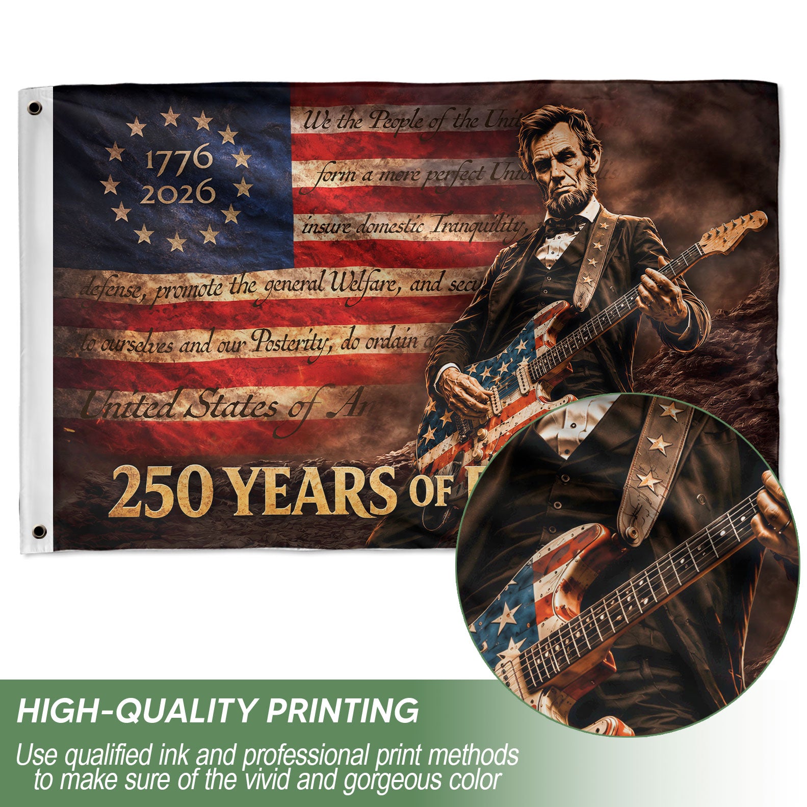 250 Years 1776-2026 Patriotic Abraham Lincoln Guitar Eagle American Freedom Flag