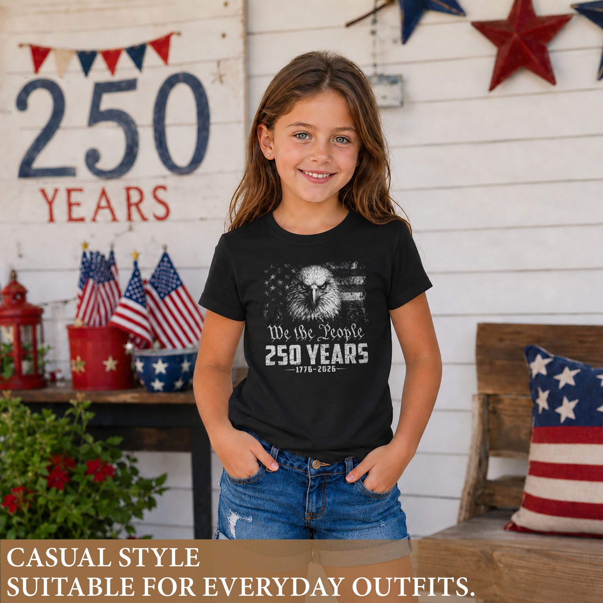 250 Years Kids T-Shirt Vintage Patriotic Bald Eagle American Flag 1776-2026 Youth Shirt