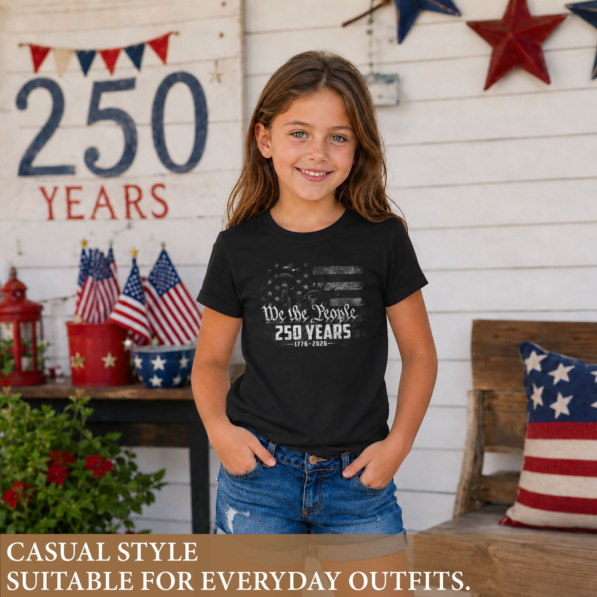 250 Years Kids T-Shirt Statue of Liberty Independence Day Patriotic American Flag Youth