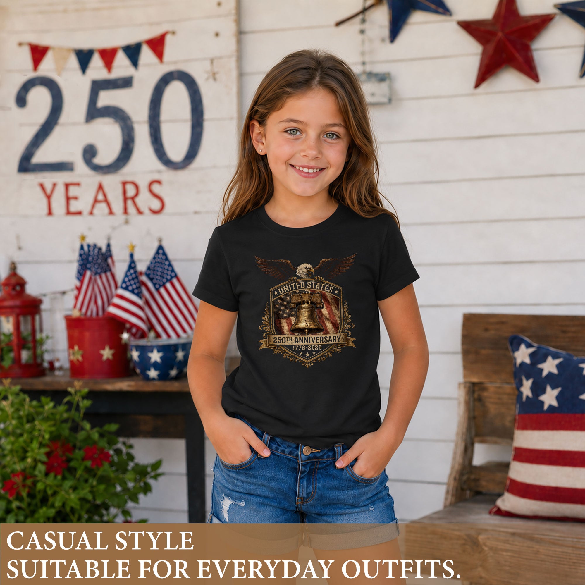 250th Anniversary Kids T-Shirt Vintage Patriotic Eagle Liberty Bell 1776-2026 Tee