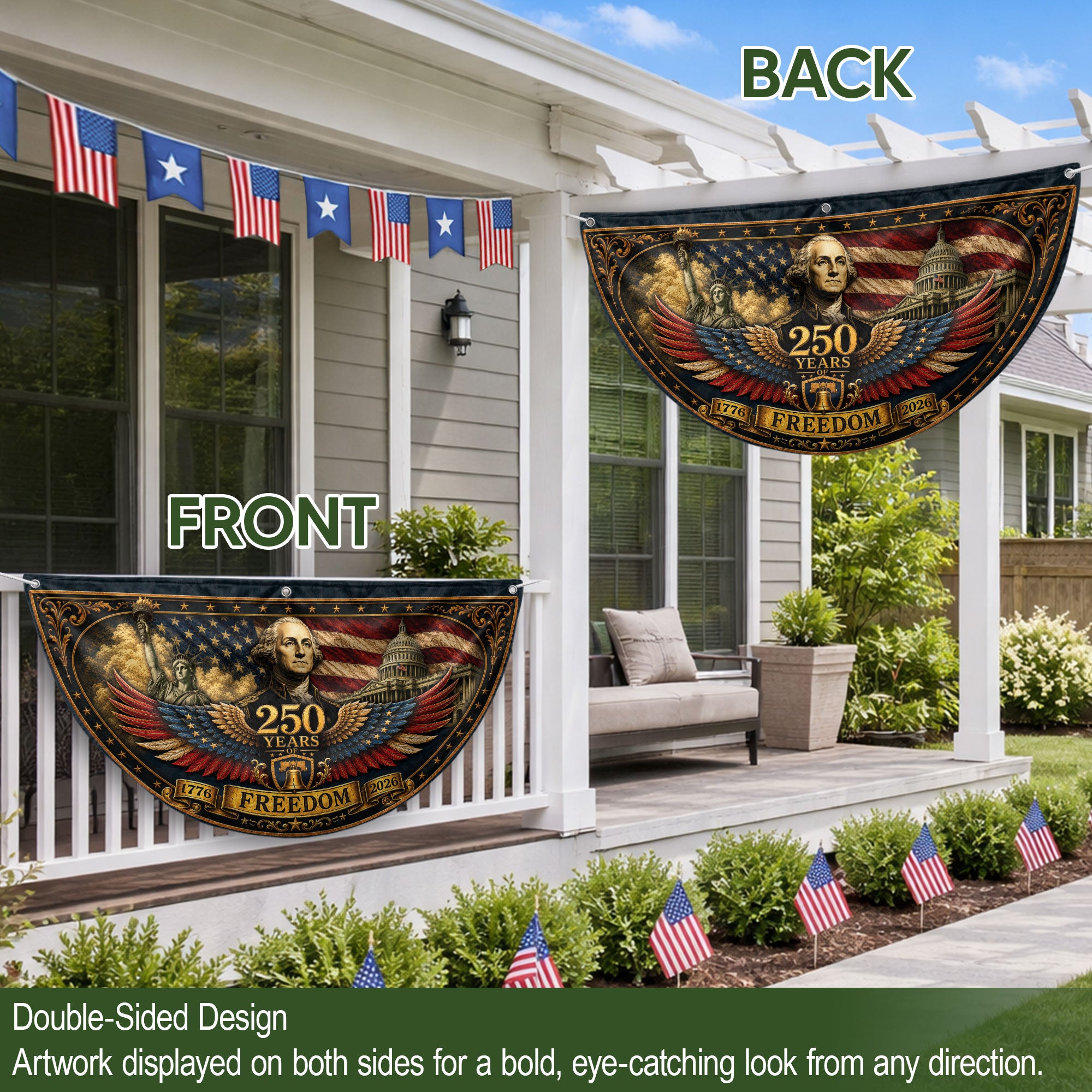 1776-2026 George Washington Fence Flag 250 Years of Freedom Patriotic Pleated Bunting