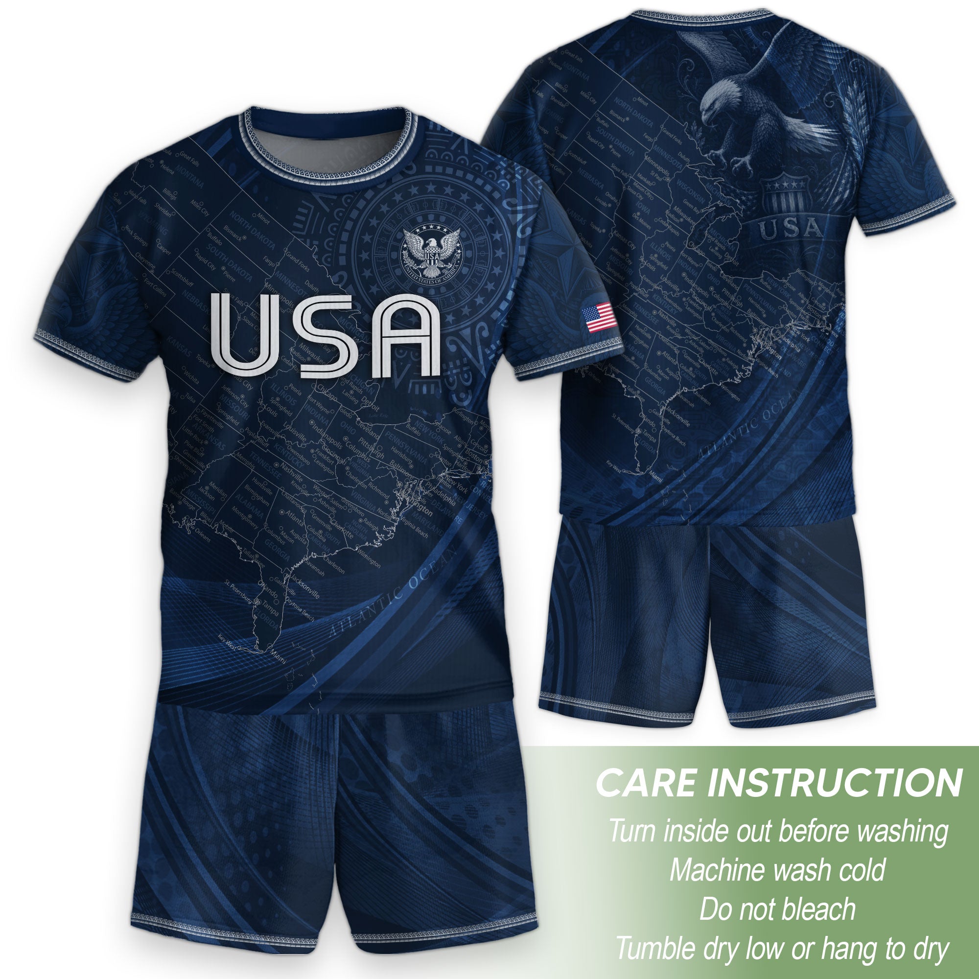 USA Kids Soccer Jersey Set Navy Blue Eagle Map Patriotic Football Outfit Kit