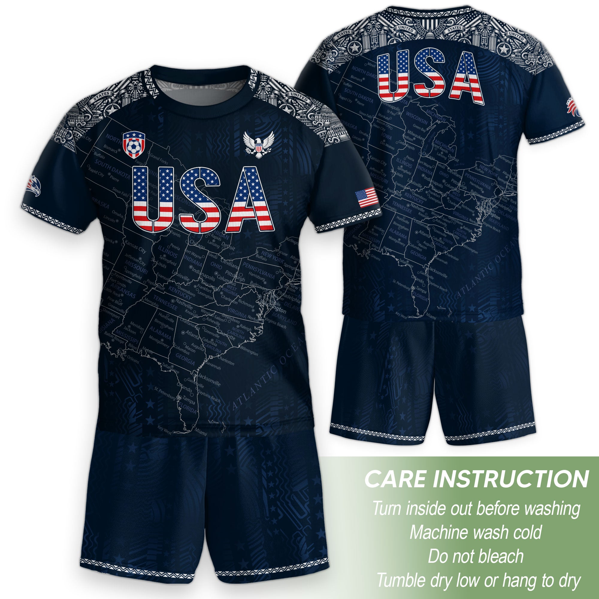 USA Kids Soccer Jersey Set Navy Blue Flag Graphic Youth Football Kit