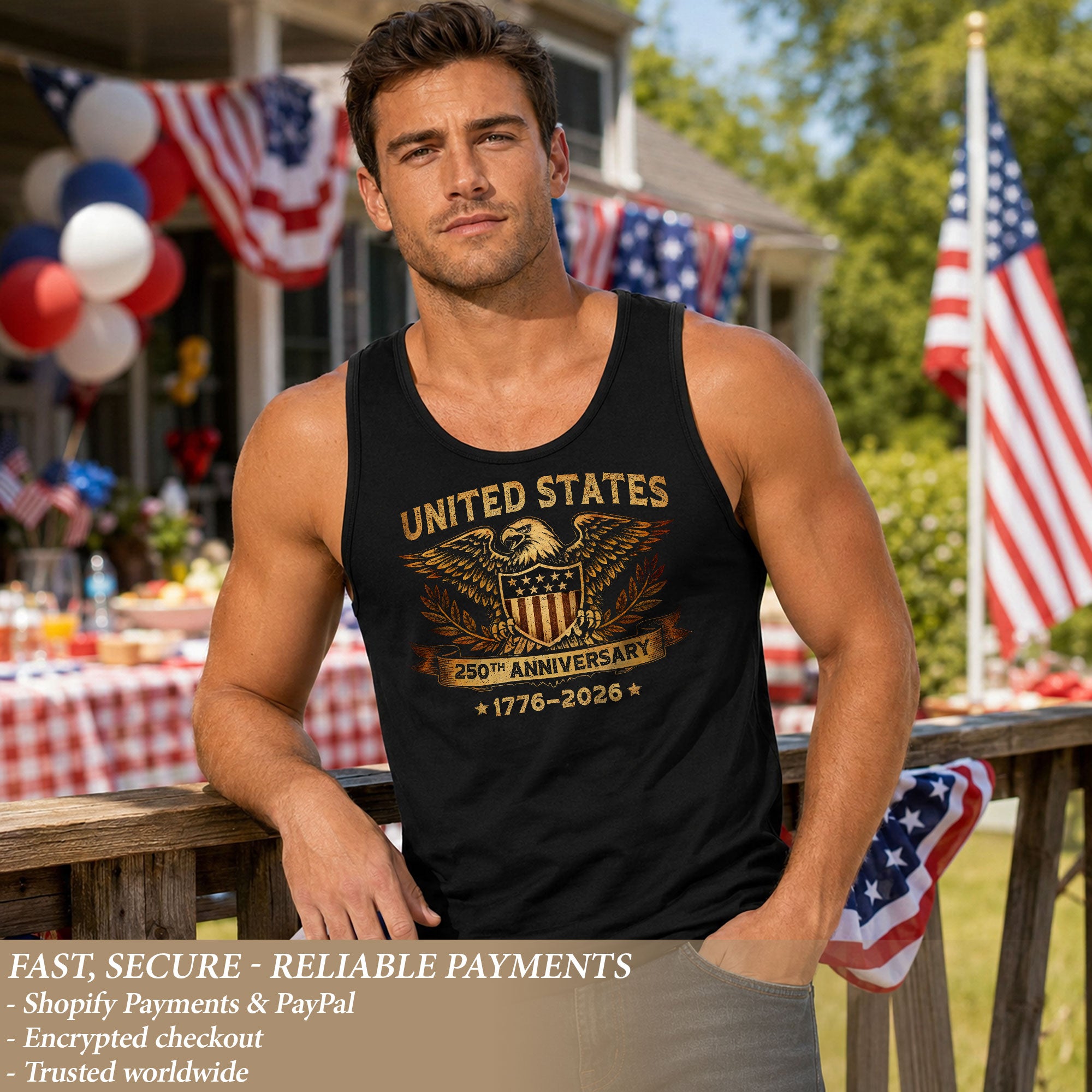USA 1776-2026 Mens Tank Top Patriotic 250th Anniversary Golden Eagle Shield
