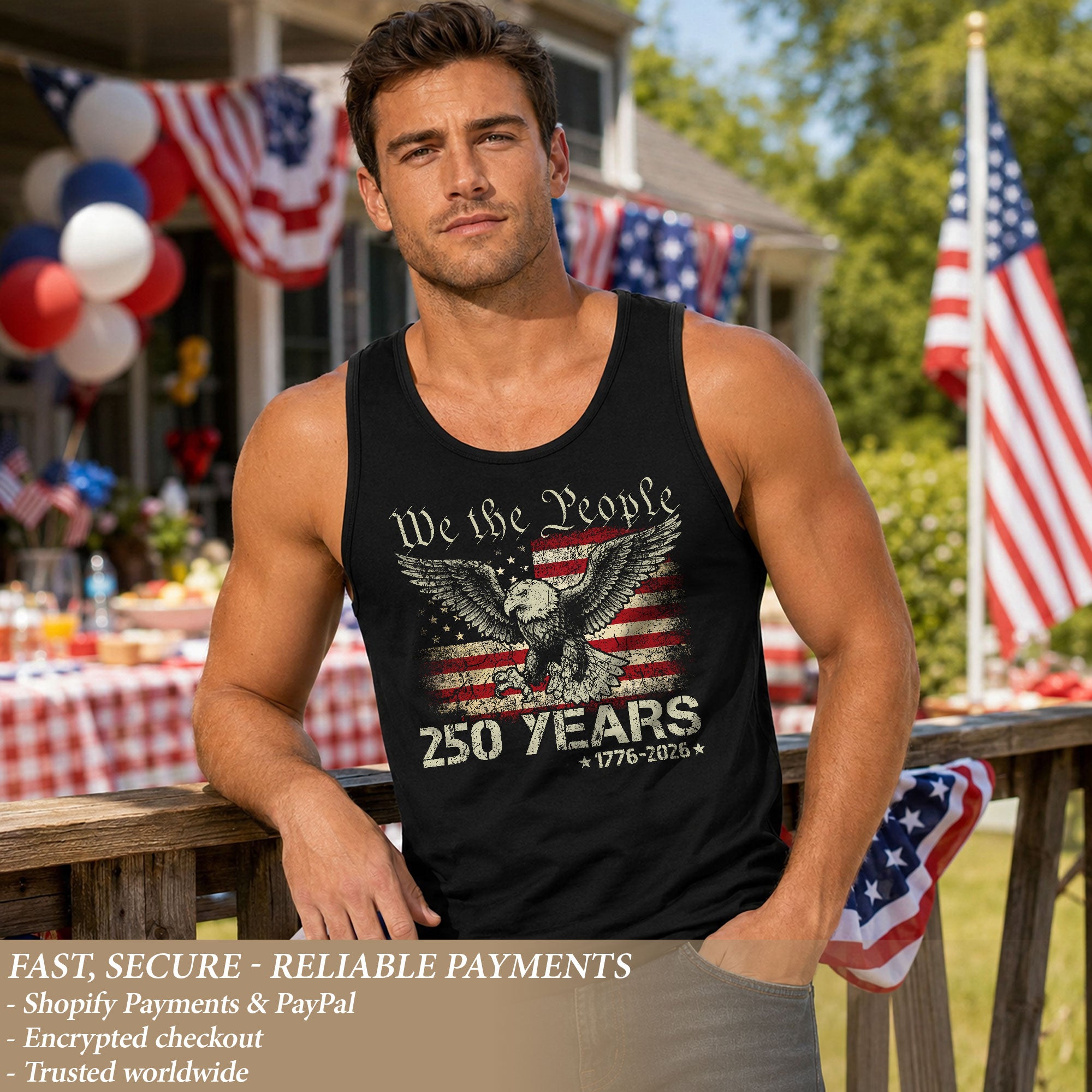 USA 1776-2026 Mens Tank Top Patriotic 250 Years We The People Eagle American Flag