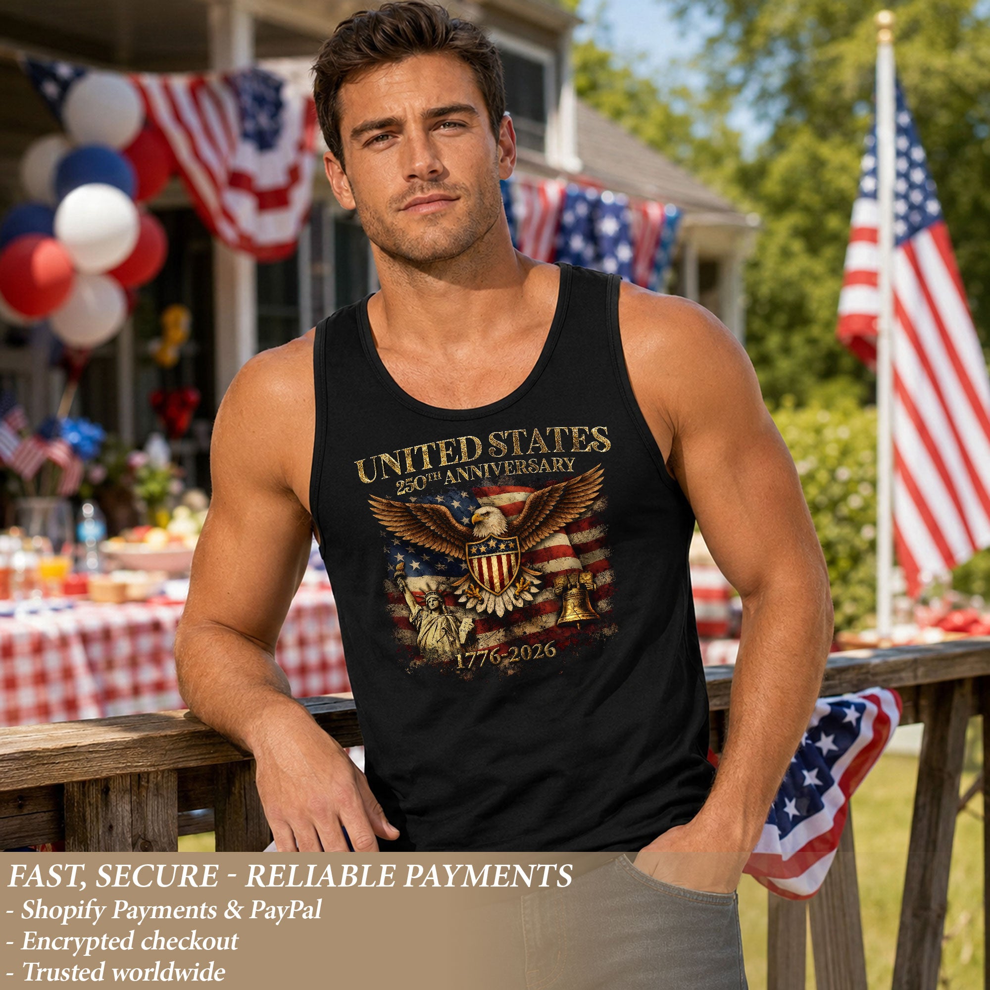 America 1776-2026 Mens Tank Top Patriotic 250th Anniversary Statue of Liberty