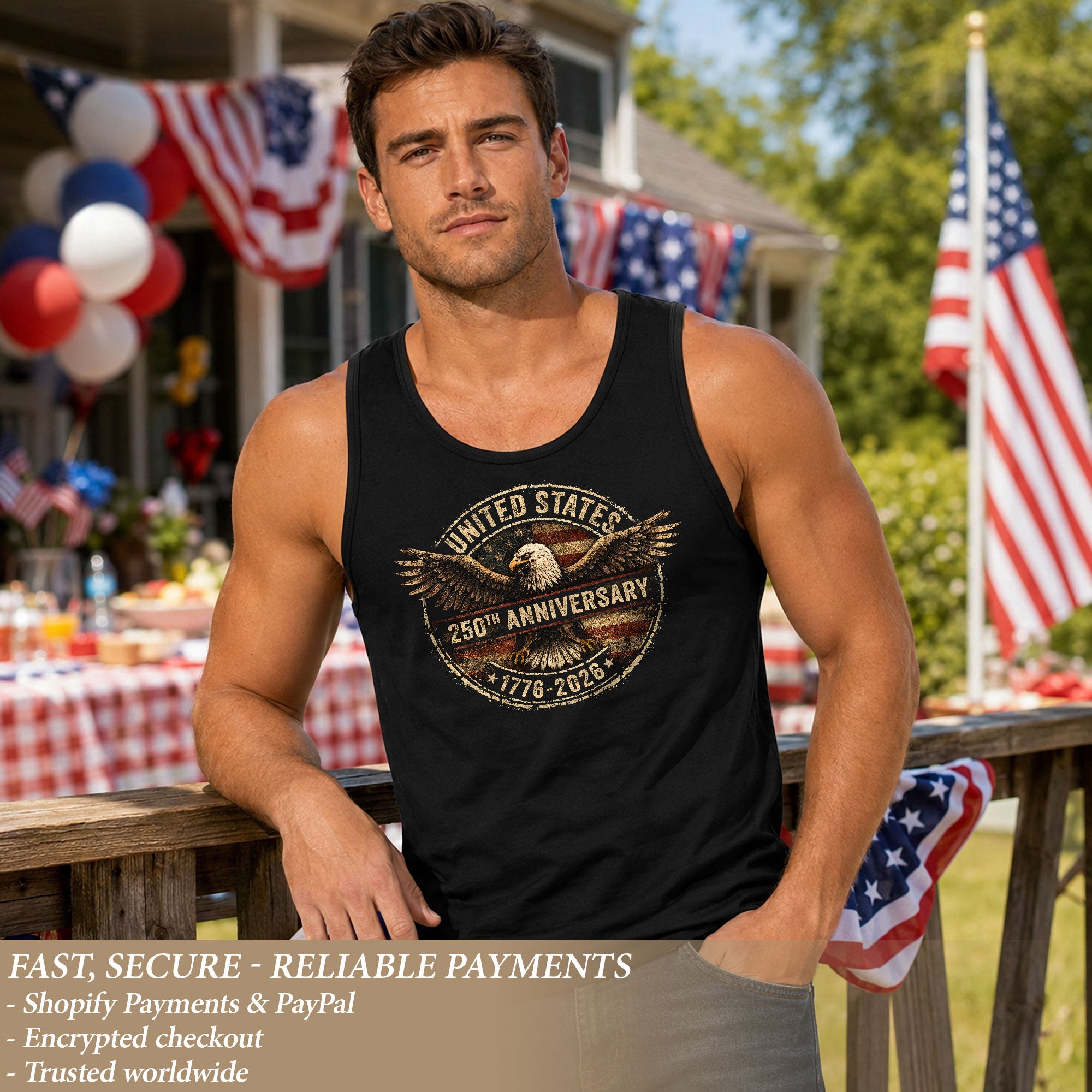 United States Mens Tank Top 1776-2026 Patriotic 250th Anniversary Eagle Flag