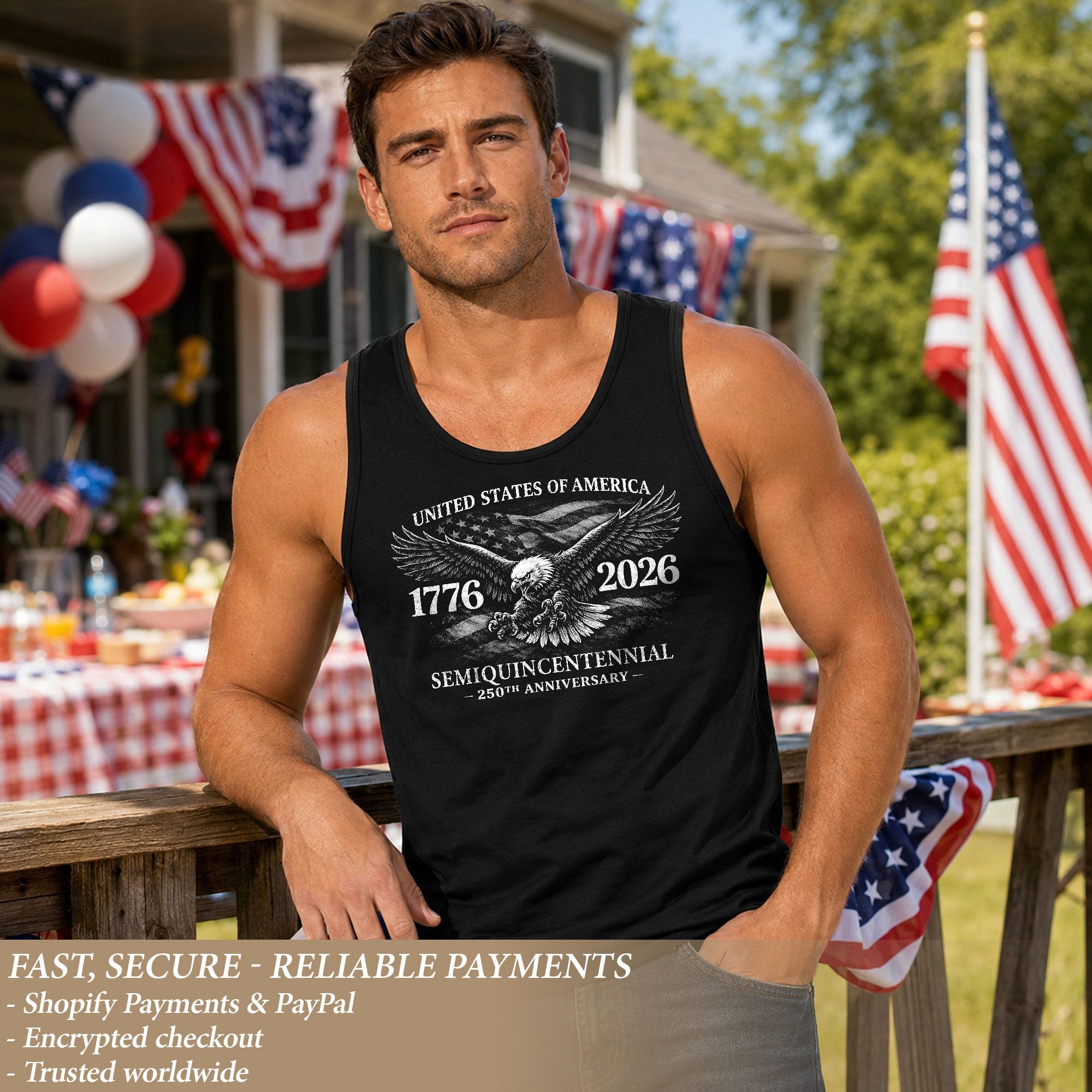 Independence 1776-2026 Mens Tank Top Patriotic 250th Anniversary Flag Tee