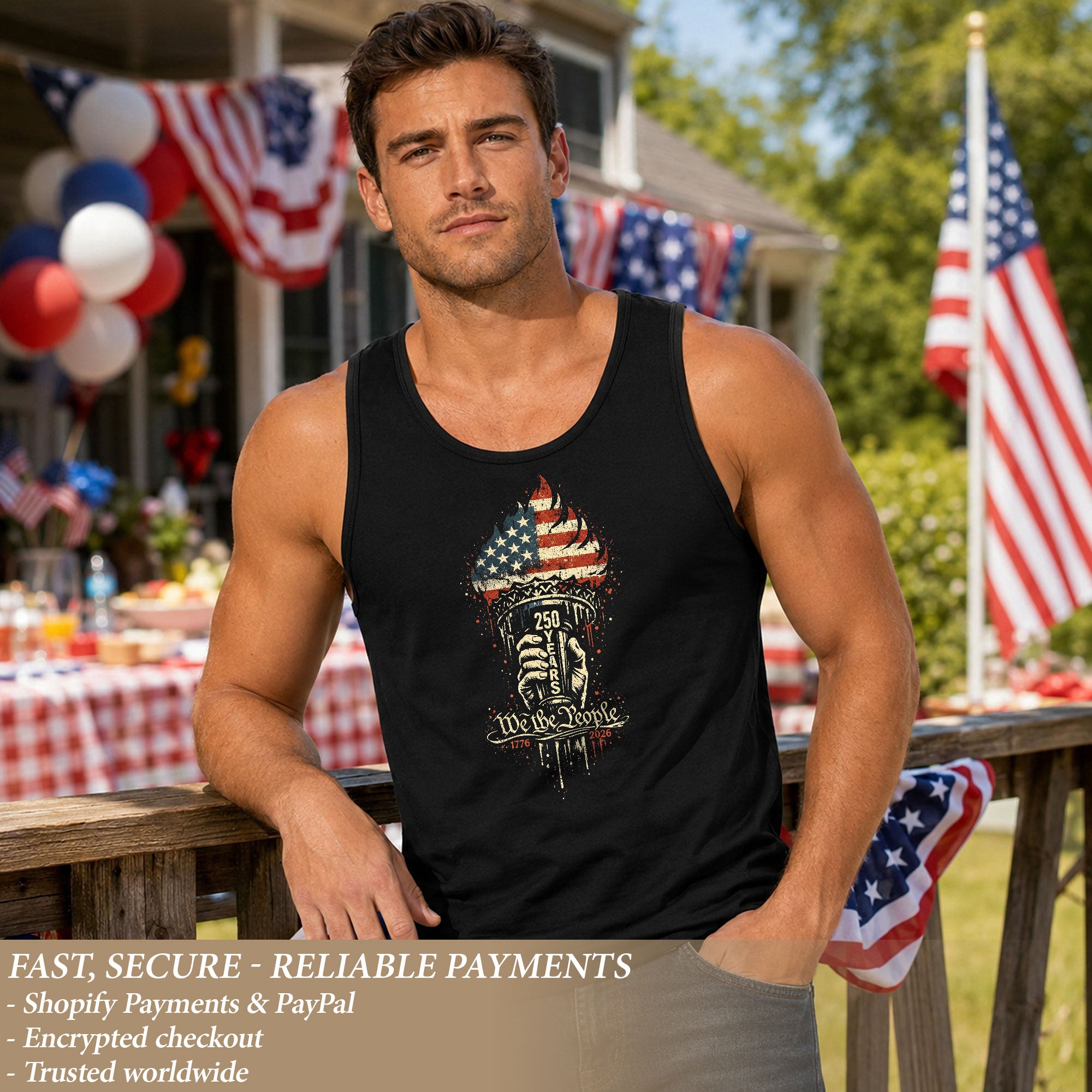 US Mens Tank Top 1776-2026 Patriotic 250 Years Vintage American Flag Torch