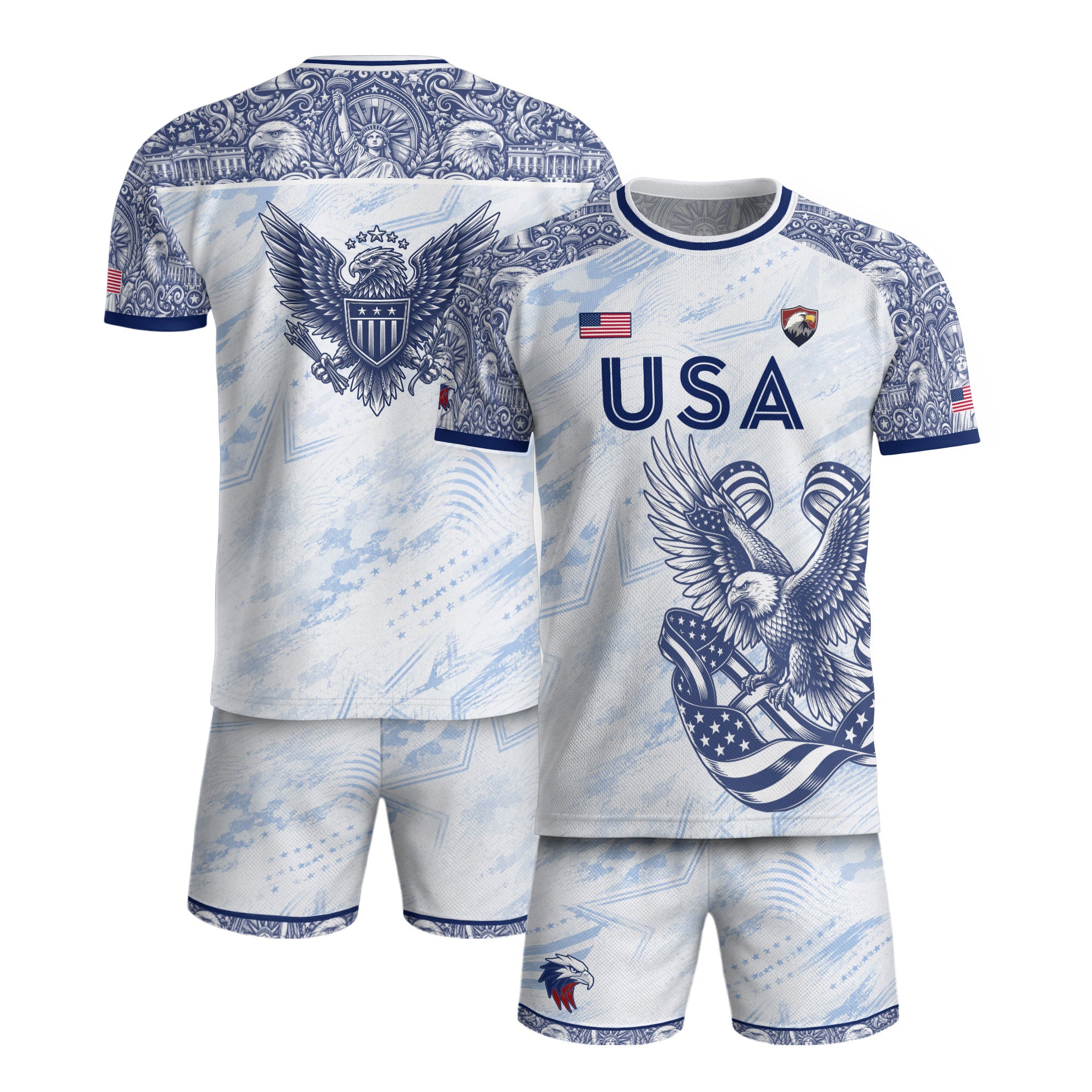 Athletic White Blue USA Soccer Jersey Adult Patriotic Eagle United States Team Shirt