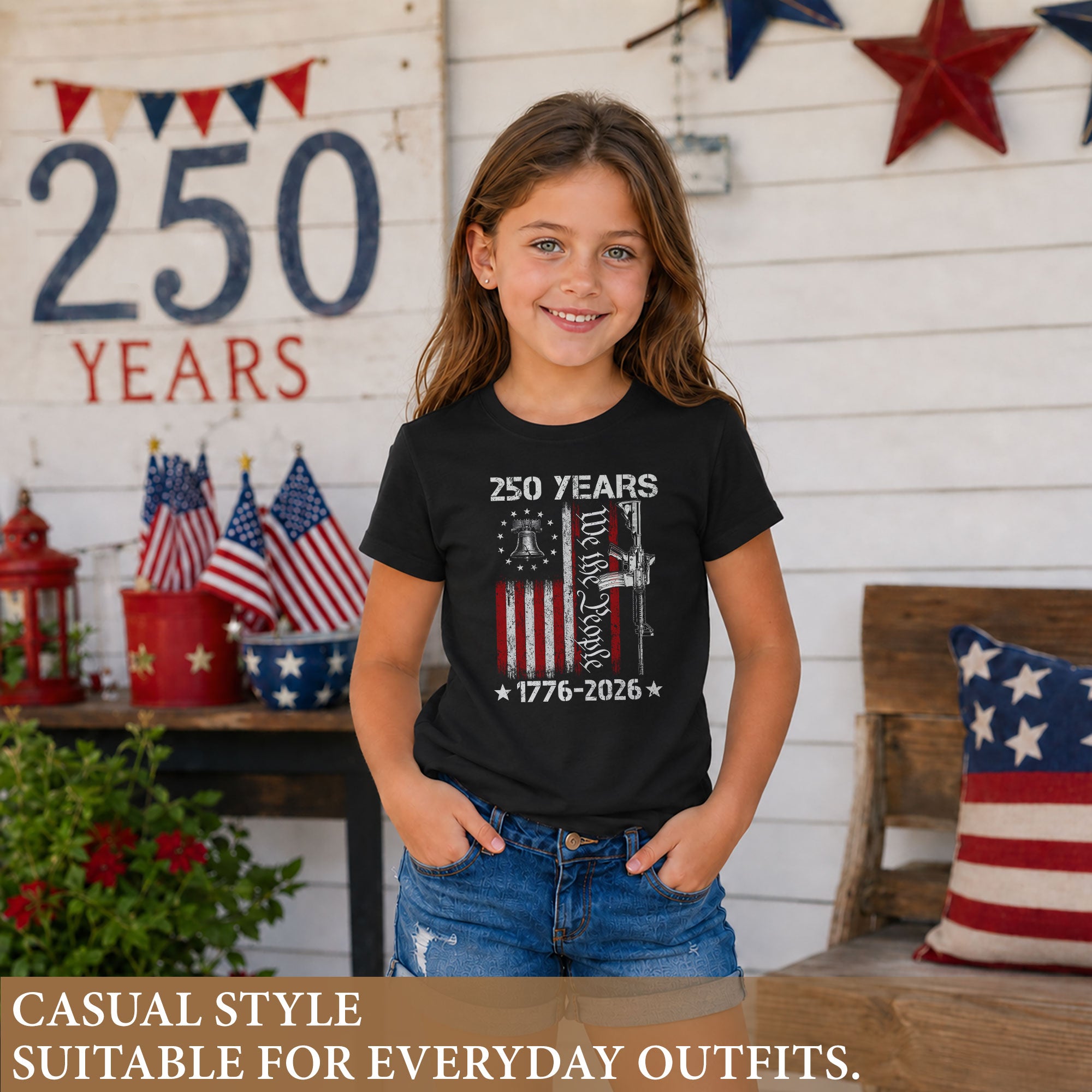Youth Tee We the People 250 Years Patriotic 1776-2026 Liberty Bell Gun Boys Girls Shirt