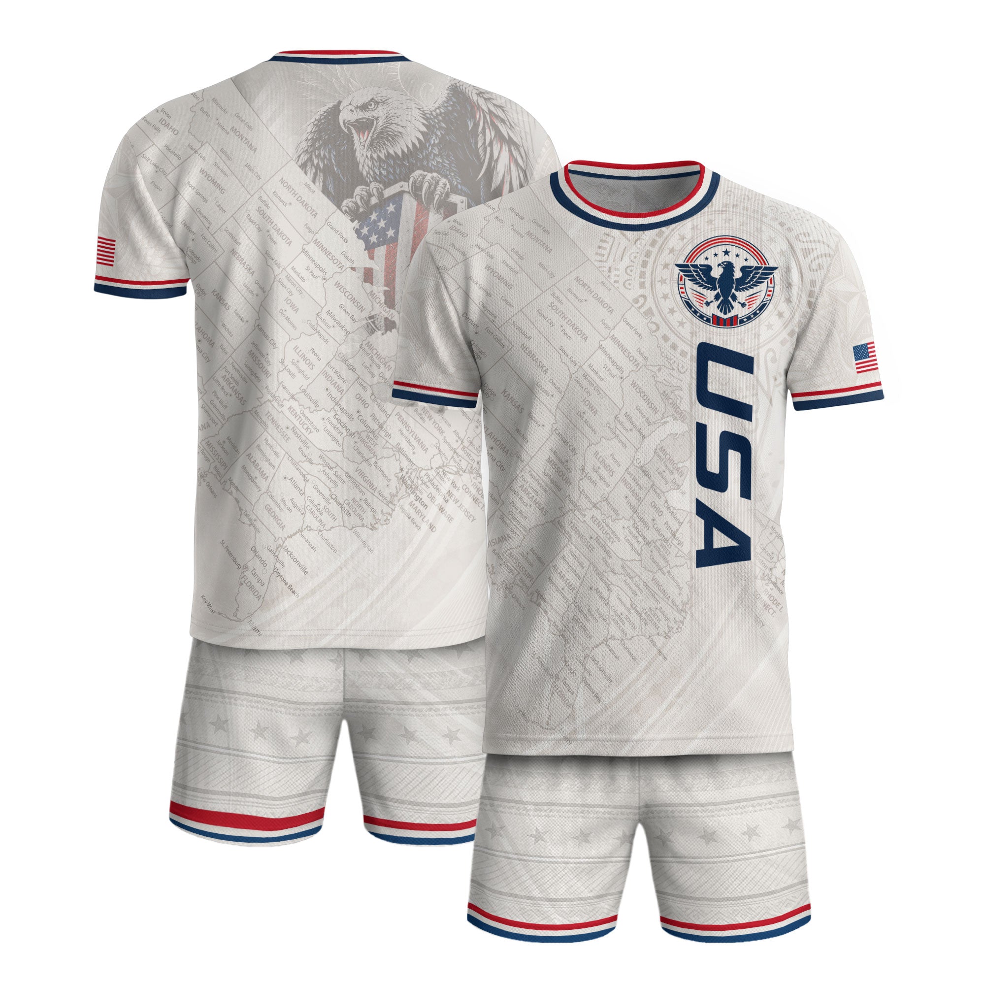 USA Soccer Jersey White US Map American Flag Shirt Patriotic Eagle Soccer Fan Tee