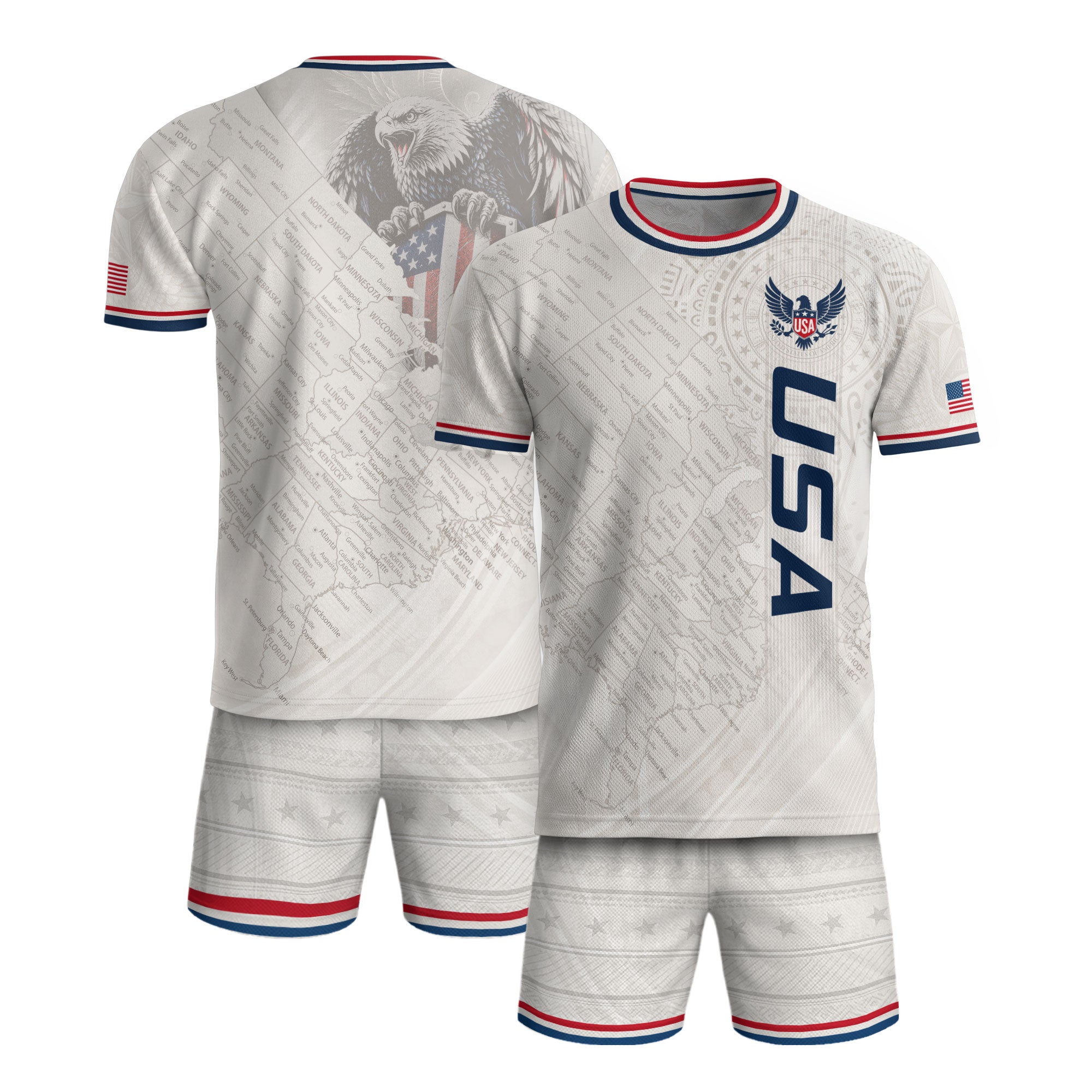 USA Soccer Jersey White US Map American Flag Shirt Patriotic Eagle Soccer Fan Tee