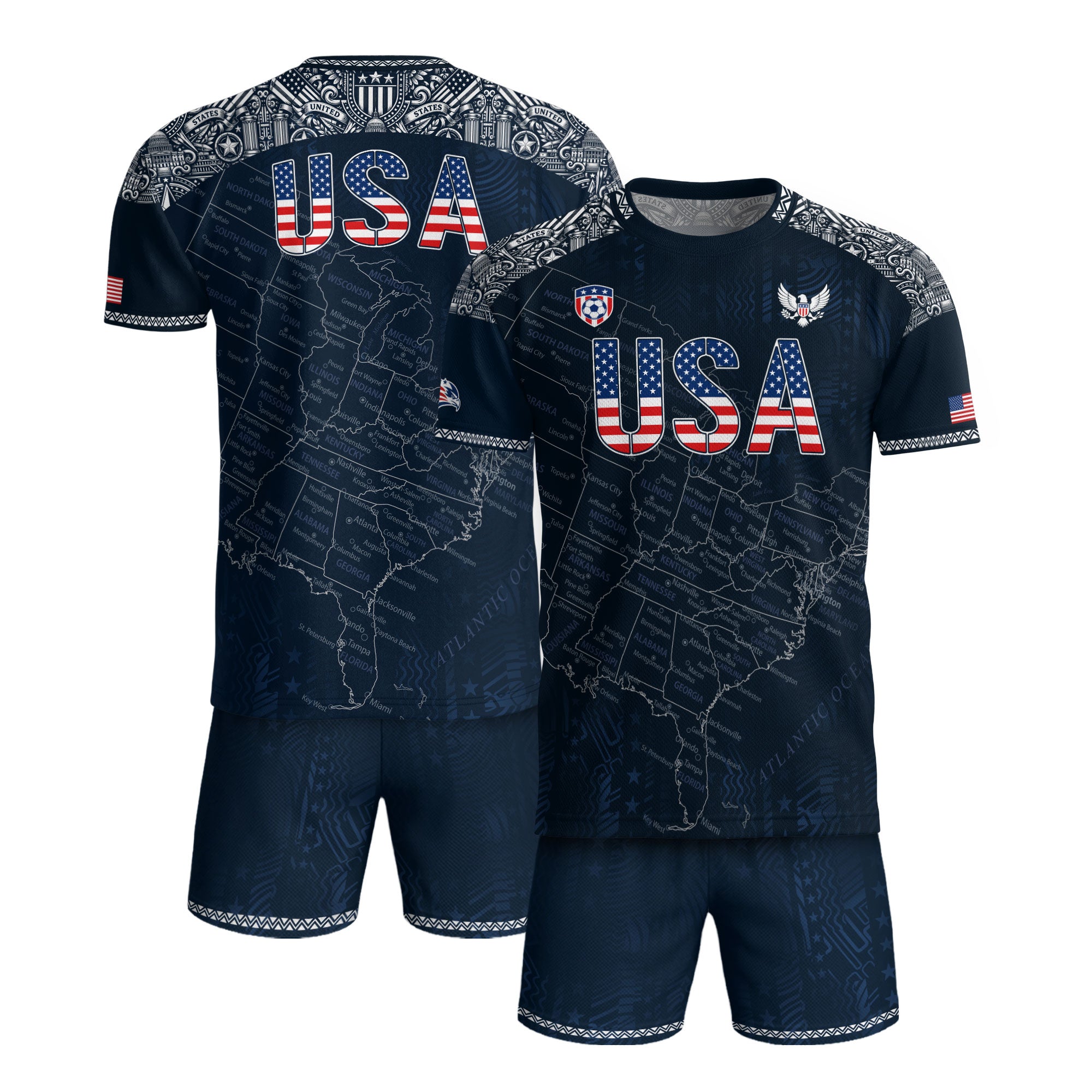 Navy USA Soccer Jersey Flag Pattern US Map American Shirt Patriotic Stars Stripes