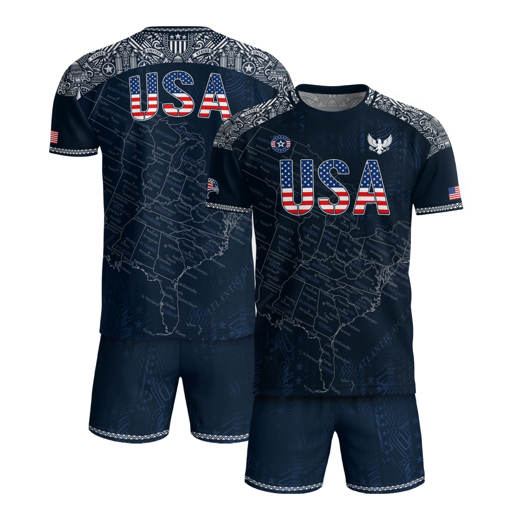 Navy USA Soccer Jersey Flag Pattern US Map American Shirt Patriotic Stars Stripes