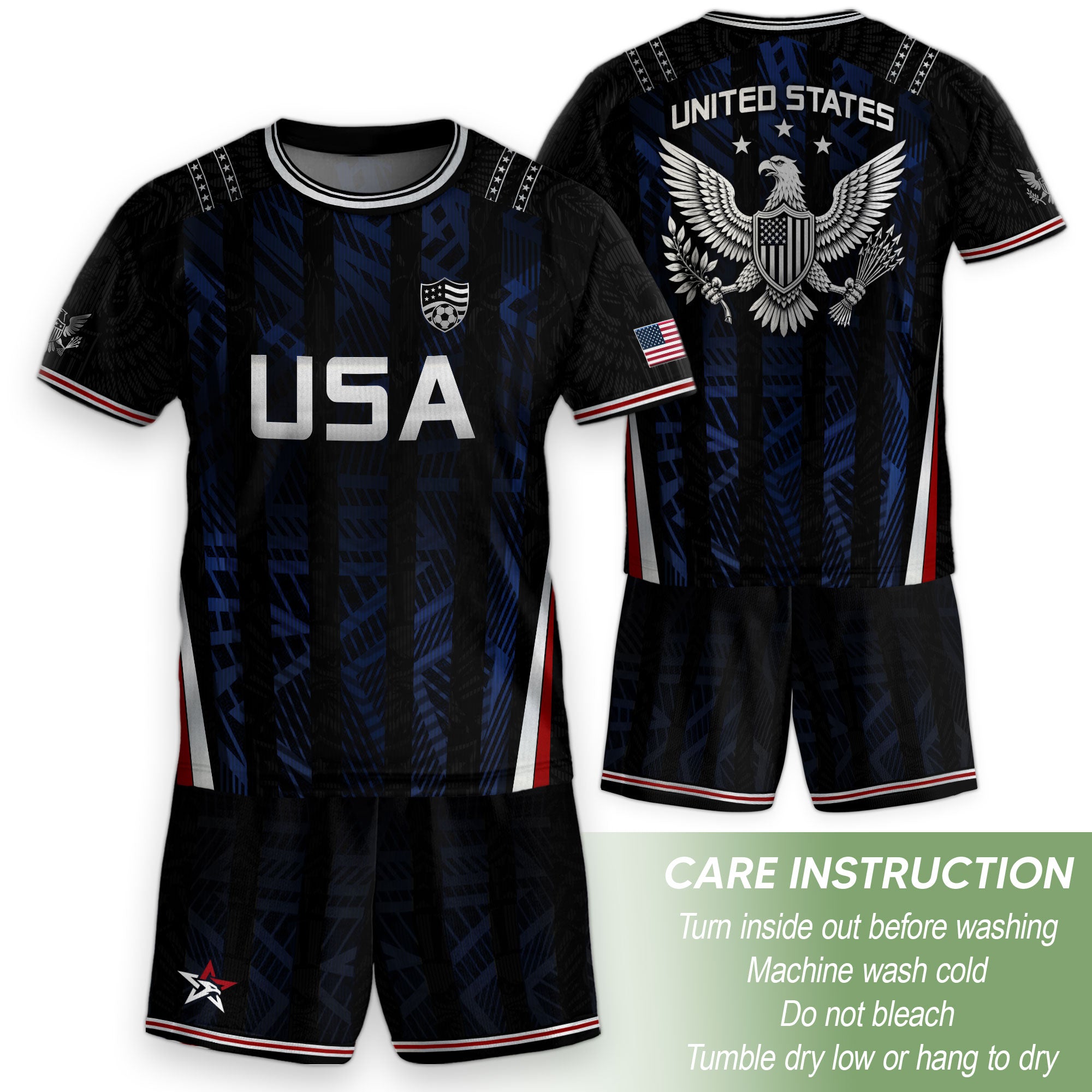 USA Kids Soccer Jersey Set Black Navy Eagle Crest Youth Football Kit