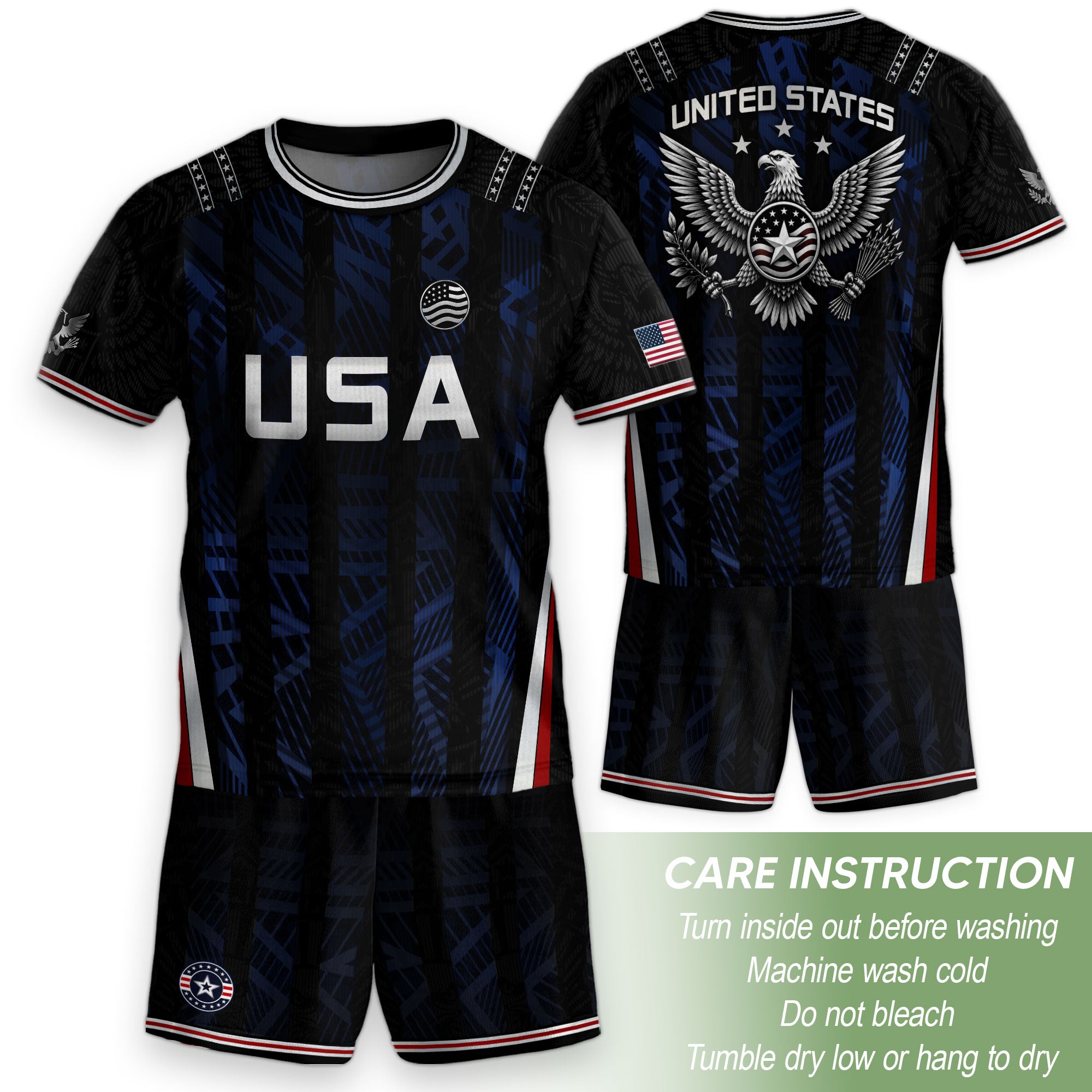USA Kids Soccer Jersey Set Black Navy Eagle Crest Youth Football Kit