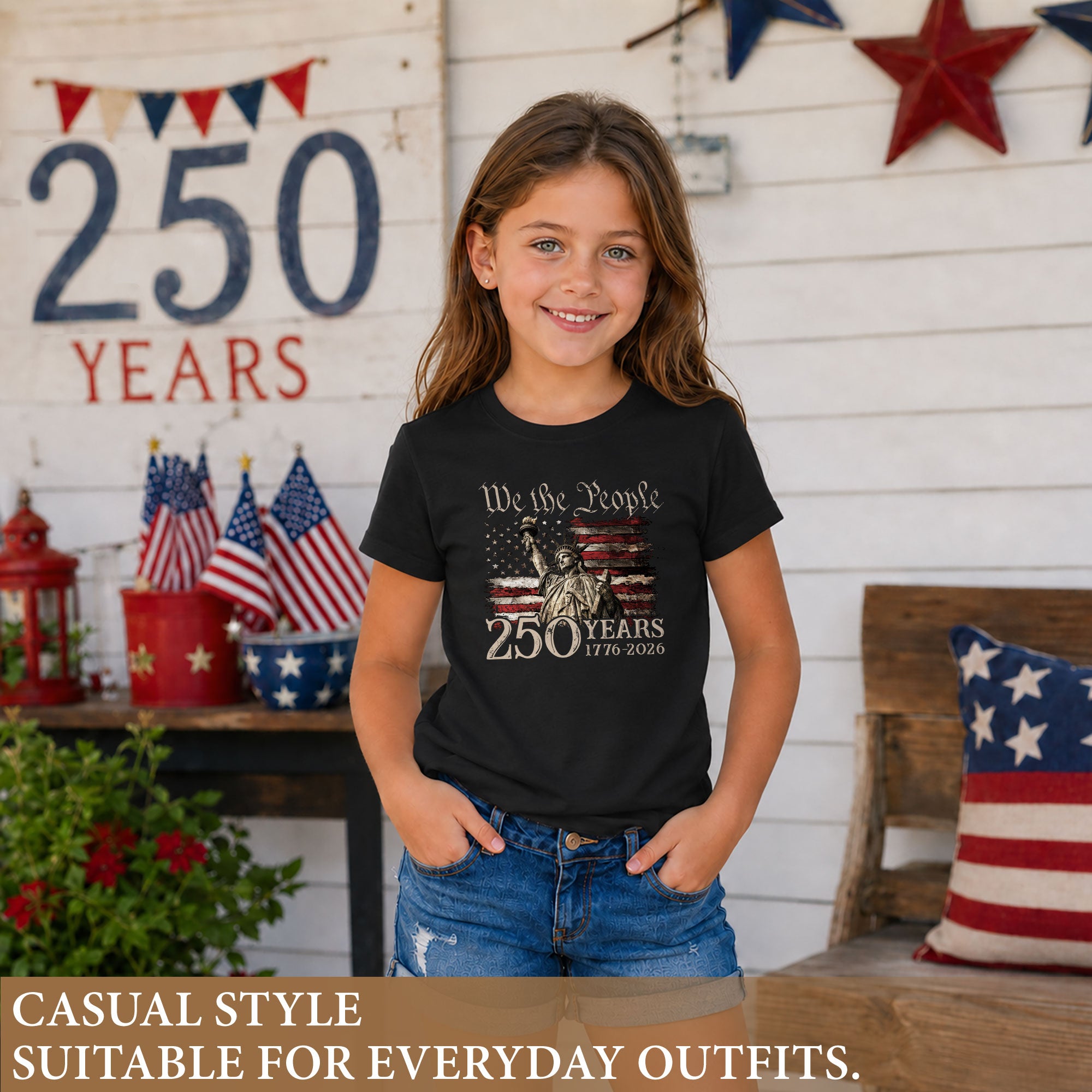Kids 250 Years T-Shirt Statue of Liberty We The People Patriotic American Flag Tee