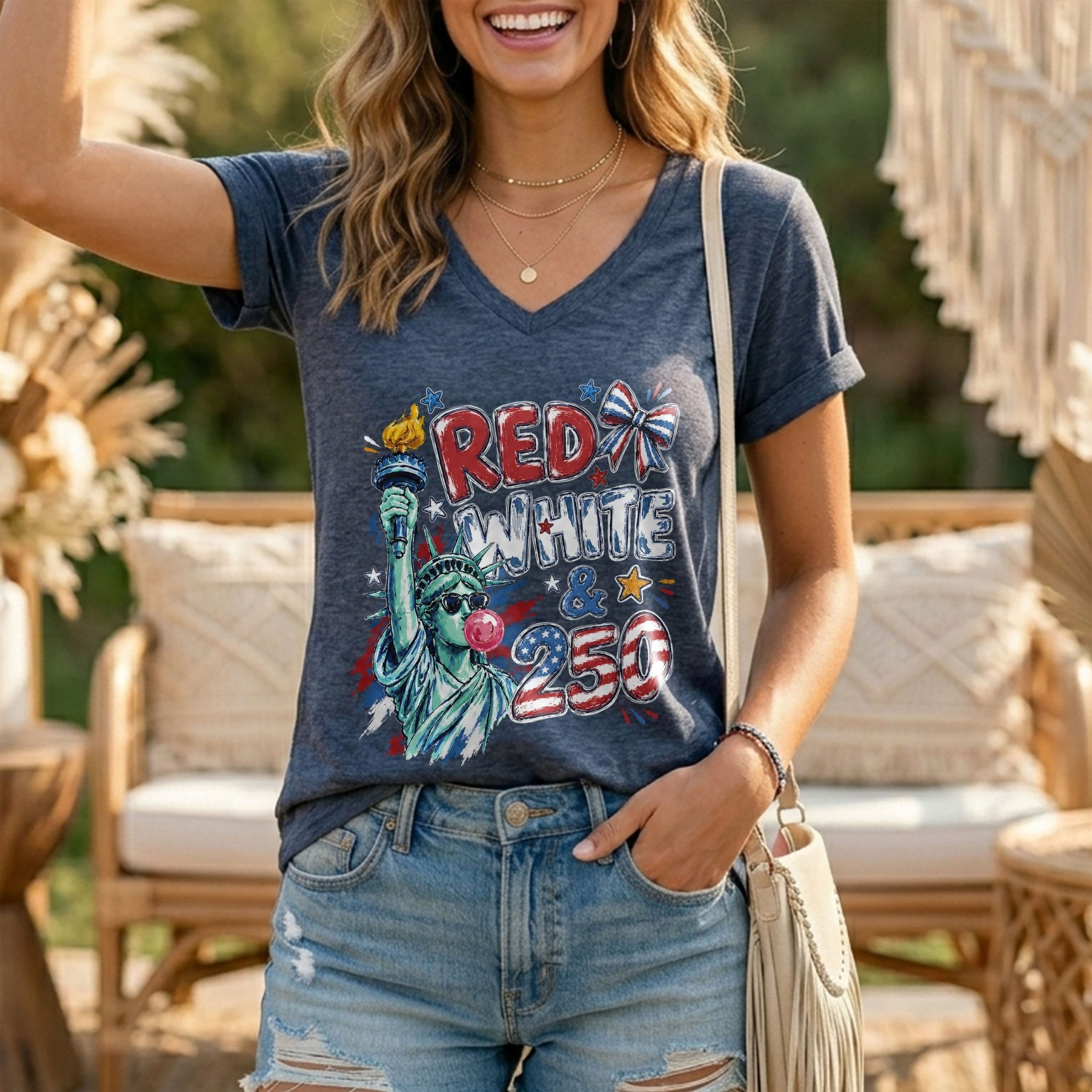 Red White & 250 Patriotic V-Neck T-Shirt for Women Vintage USA Graphic Tee - Rust Field Wear