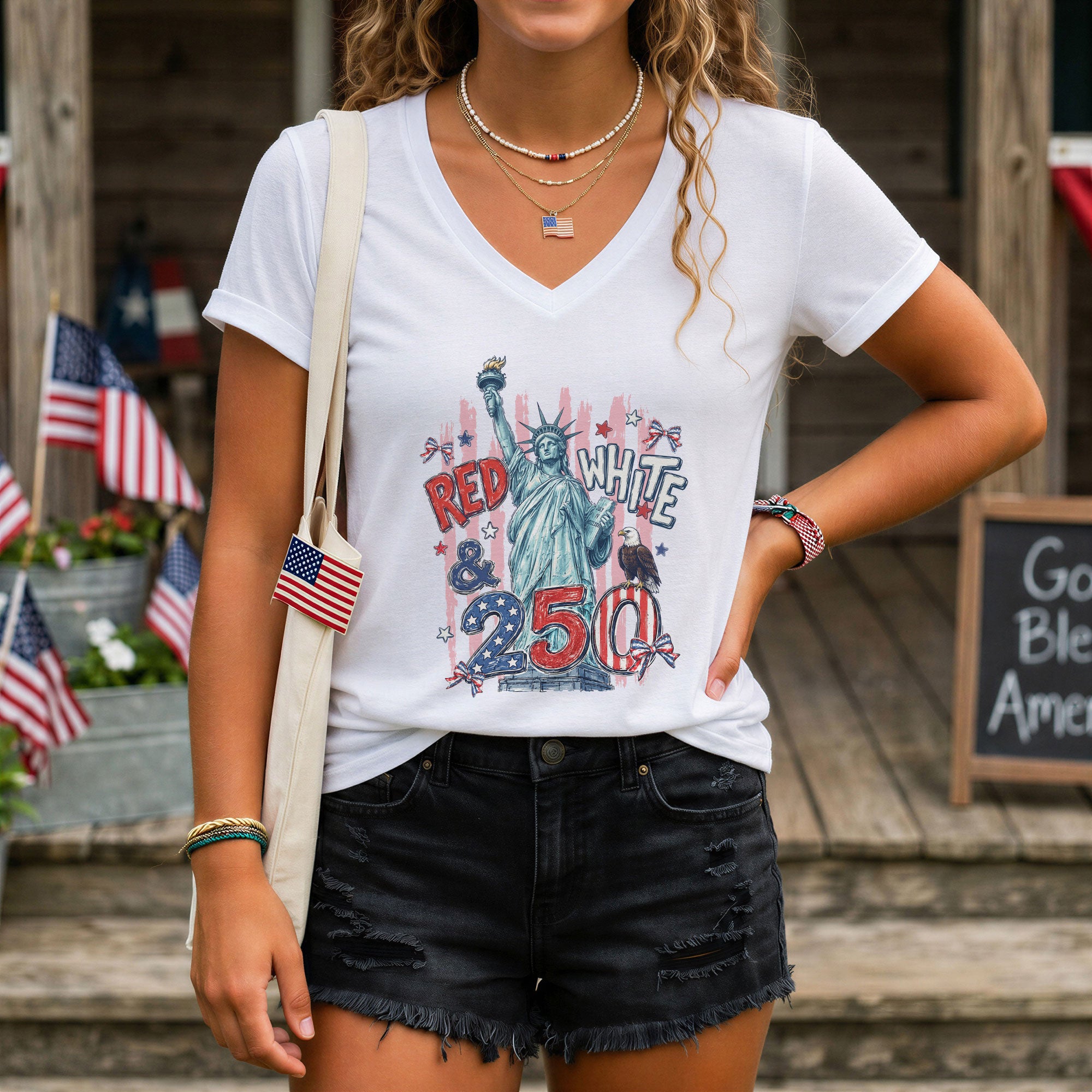 Women's Red White & 250 Patriotic Graphic T-Shirt American Independence Celebration Tee