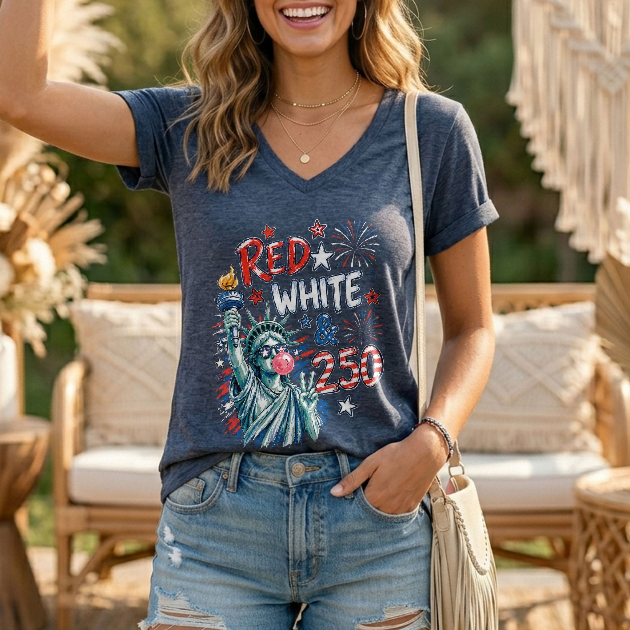 Red White & Blue Lady Liberty Bubblegum V-Neck - Iconic 1776-2026 Independence Day Tee - Rust Field Wear