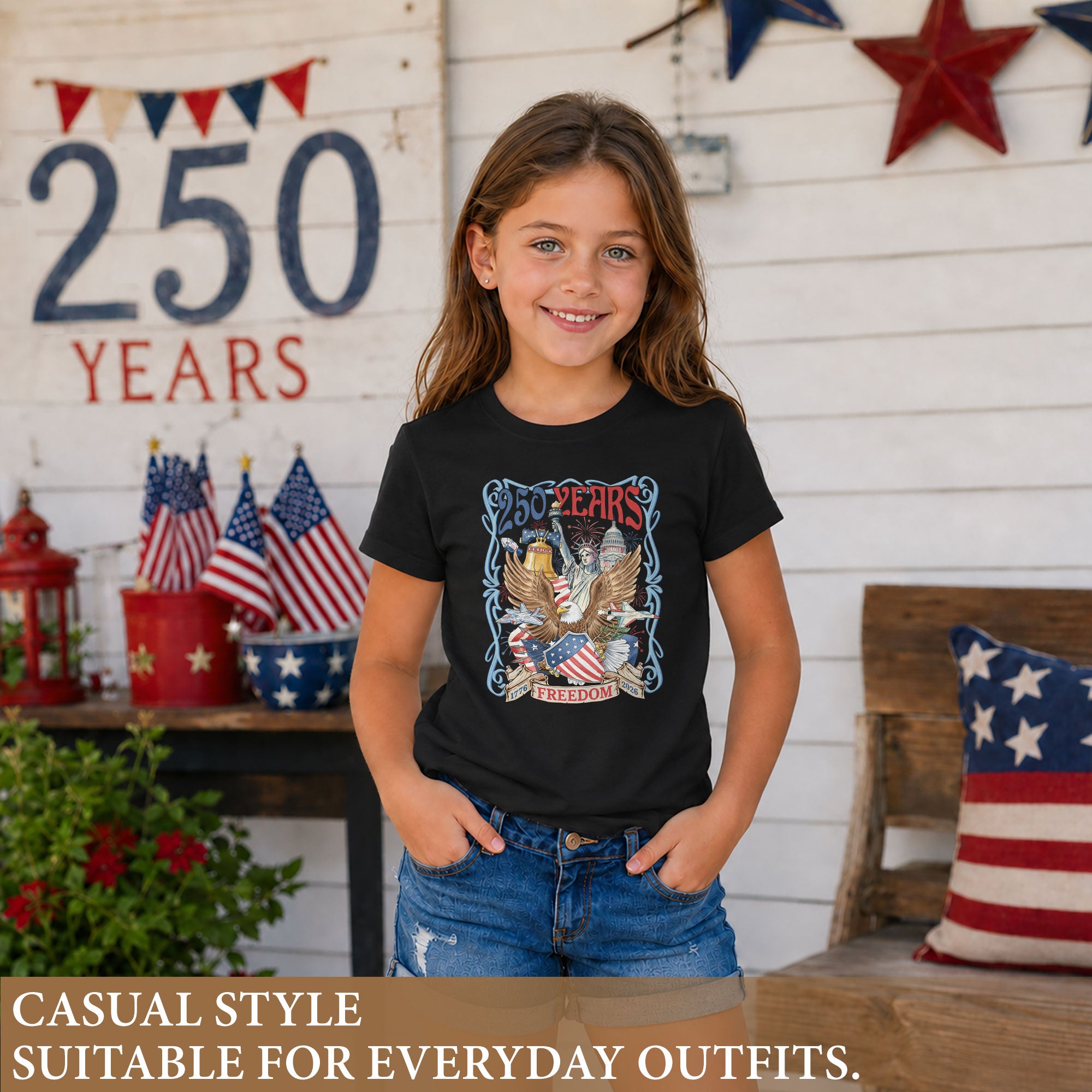 Kids T Shirt 1776-2026 Patriotic 250 Years Freedom Eagle Shield Independence Day Tee