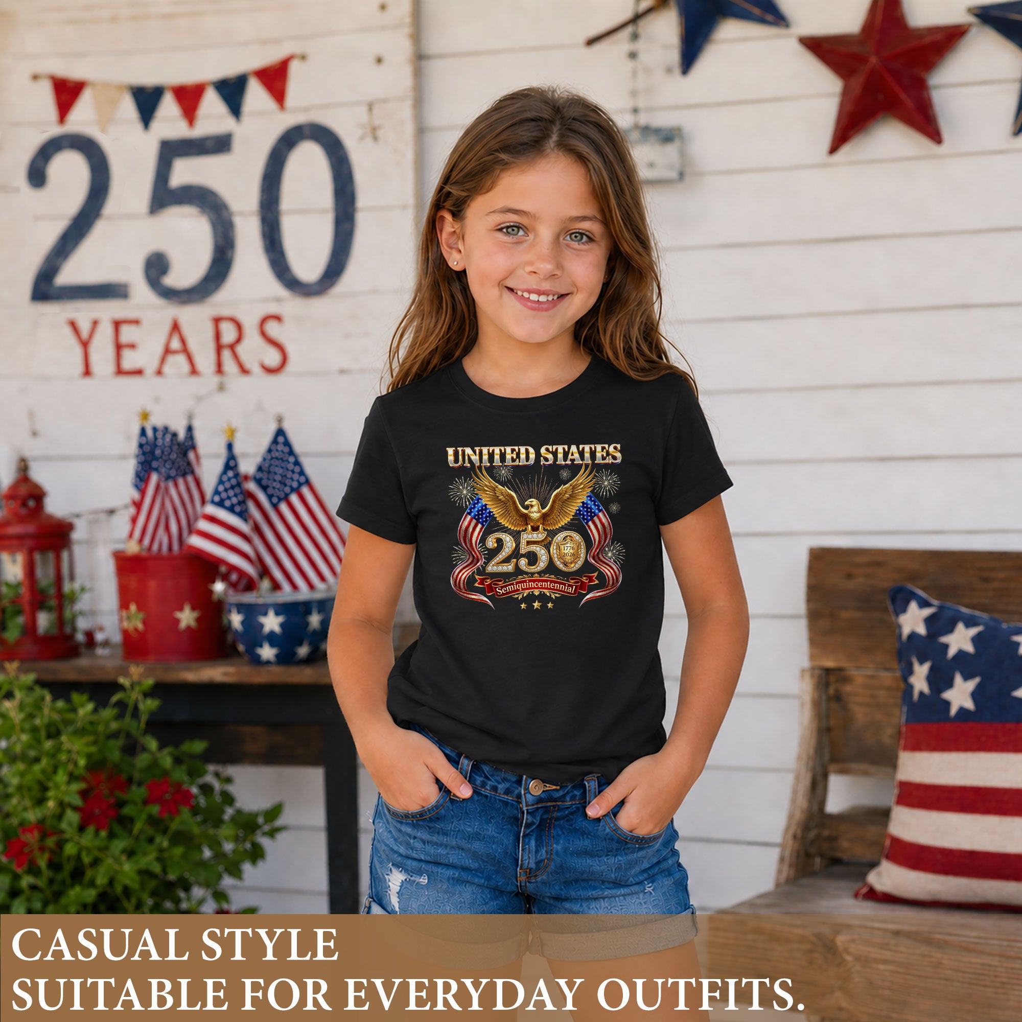 250 Years Kids T-Shirt Patriotic Golden Eagle Fireworks American Flag 1776-2026 Youth