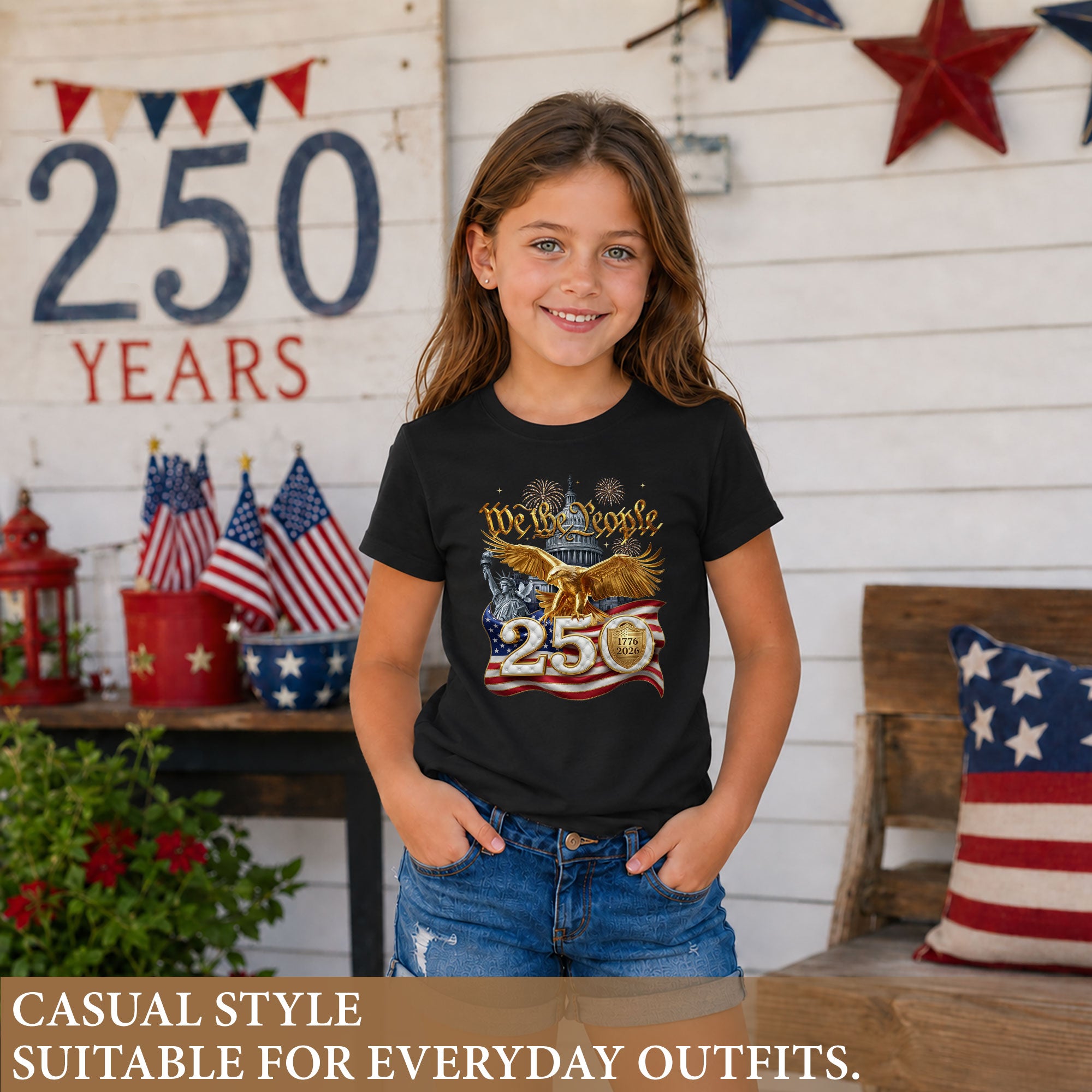 250 Years Kids T-Shirt We The People Patriotic Golden Eagle American Flag Youth Tee
