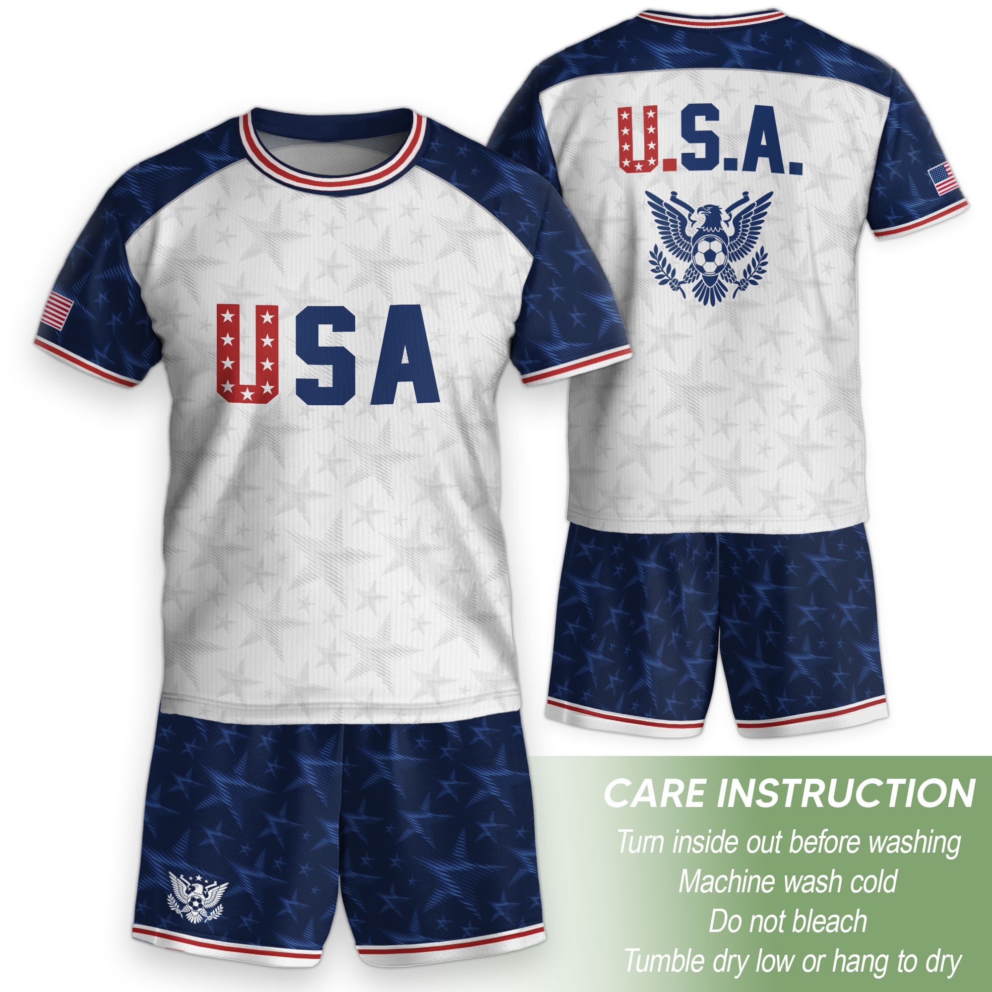USA Kids Soccer Jersey Youth White Blue Raglan Patriotic Stars Eagle Football Shirt