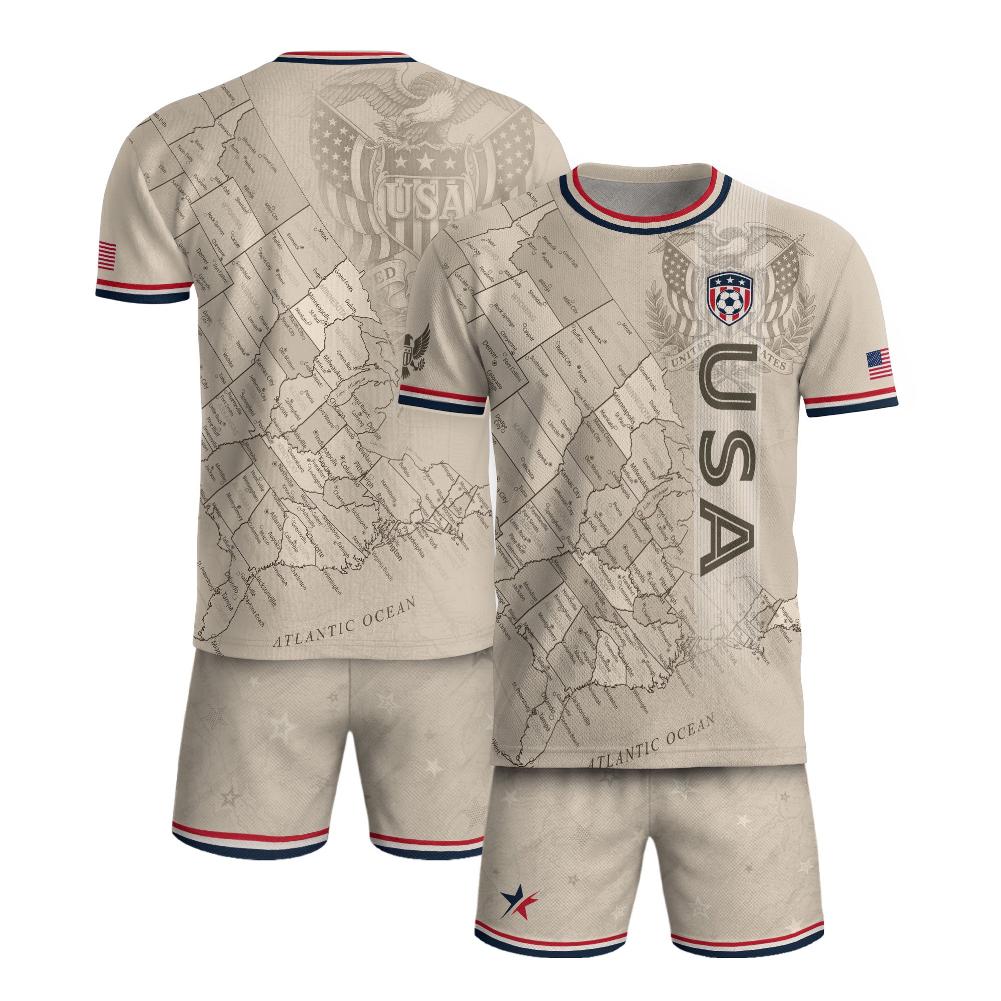 USA Soccer Jersey Navy Vintage US Map American Flag Shirt Patriotic Beige Soccer Fan
