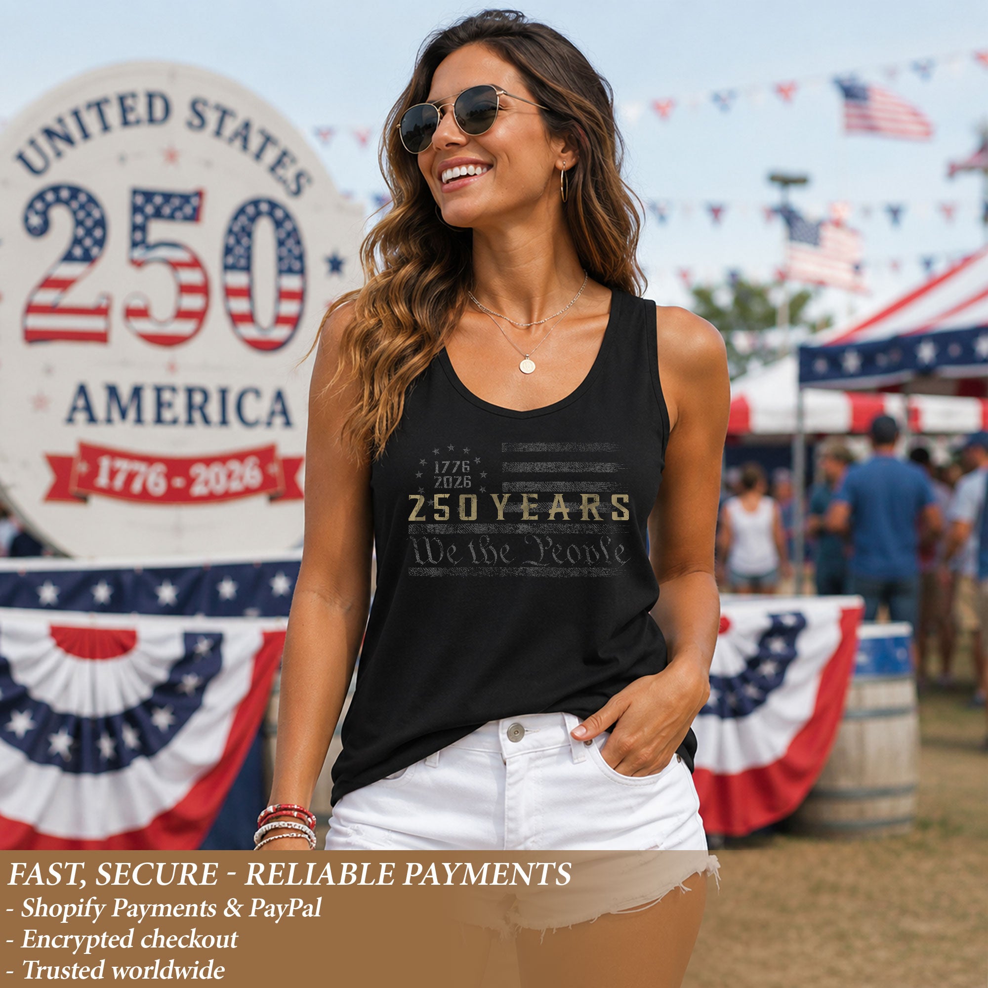 We The People 250 Years Tank Top Women 1776-2026 Vintage Patriotic US Flag Shirt