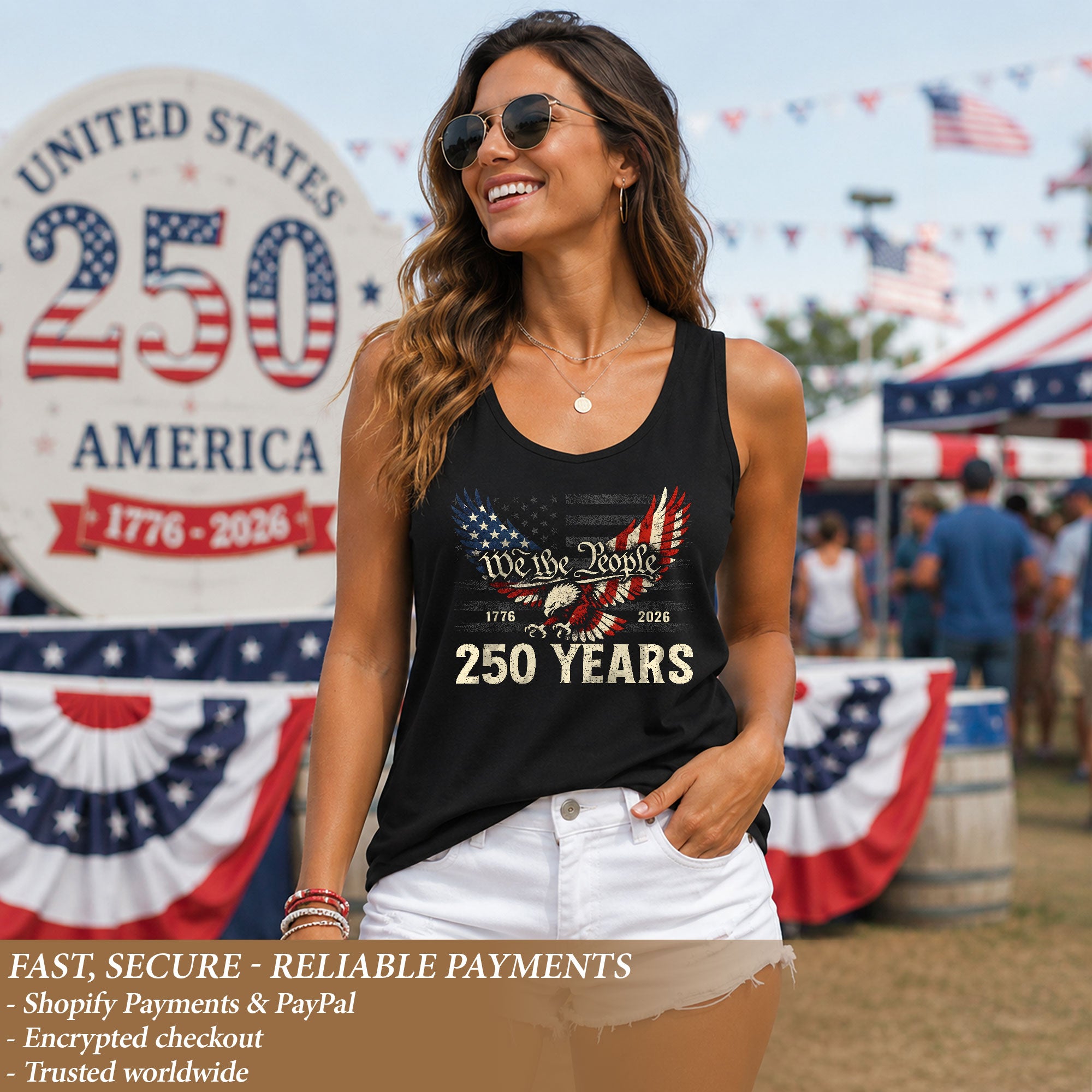 We The People 250 Years Tank Top Women 1776-2026 Flying Patriotic US Eagle Shirt