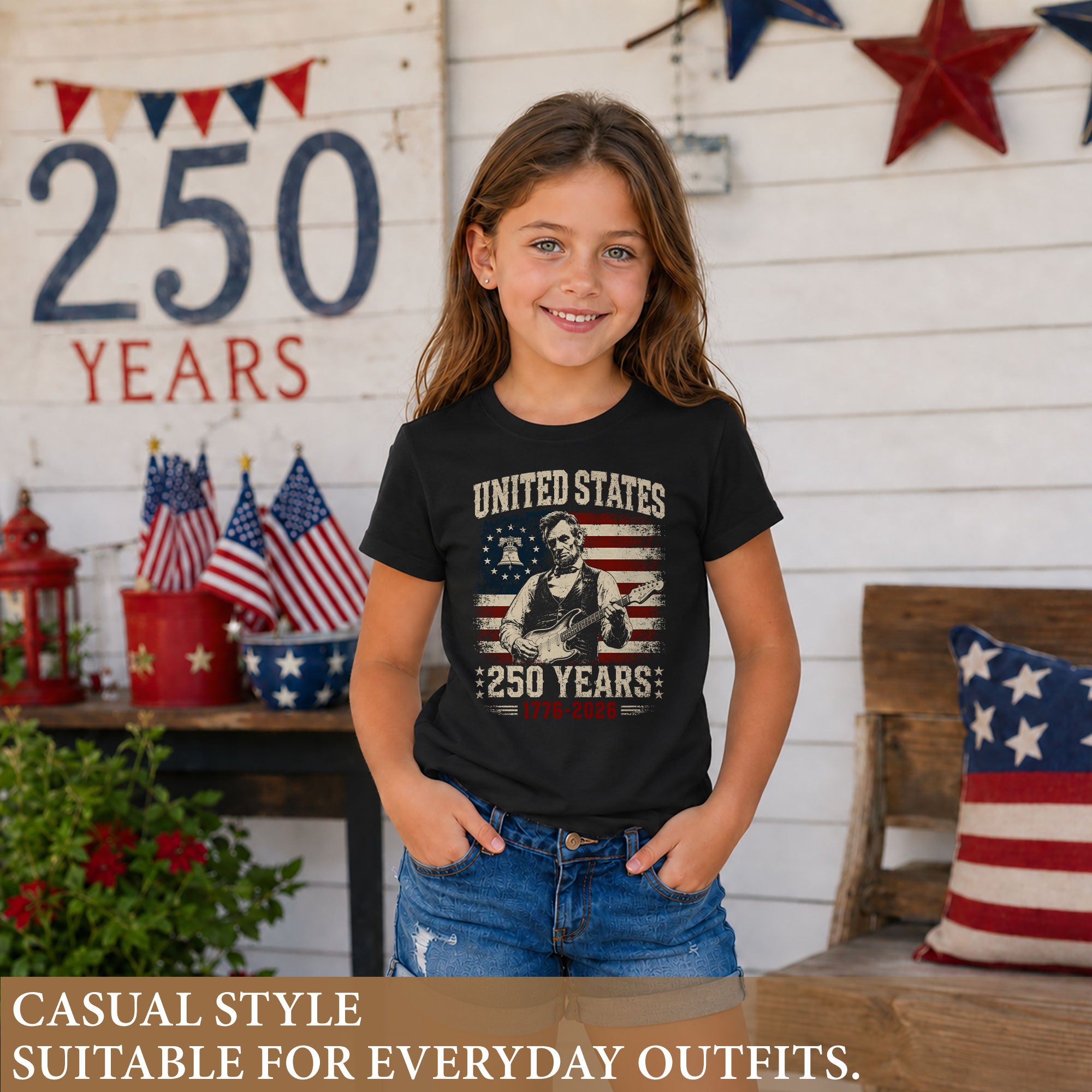 T-Shirt Kid Patriotic 1776-2026 America 250 Years Abraham Lincoln Guitar Children Shirt