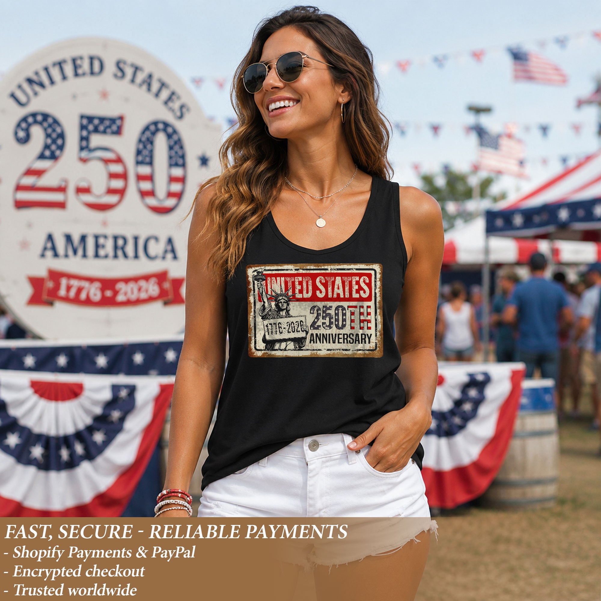 United States 250th Anniversary Tank Top Women Vintage Liberty Sign Patriotic Shirt