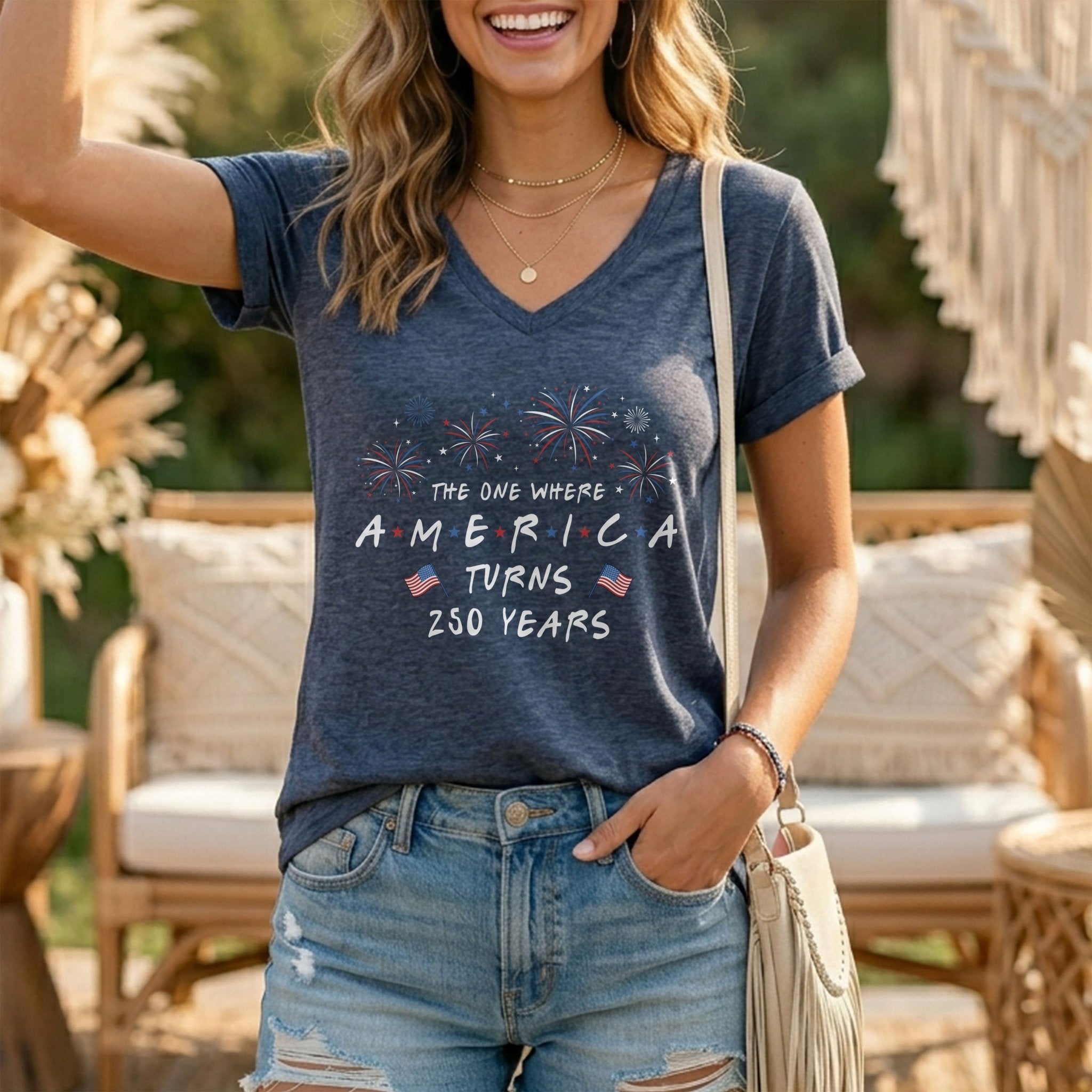 Women V Neck T Shirt America Turns 250 Years Patriotic Fireworks Friends Font Tee - Rust Field Wear