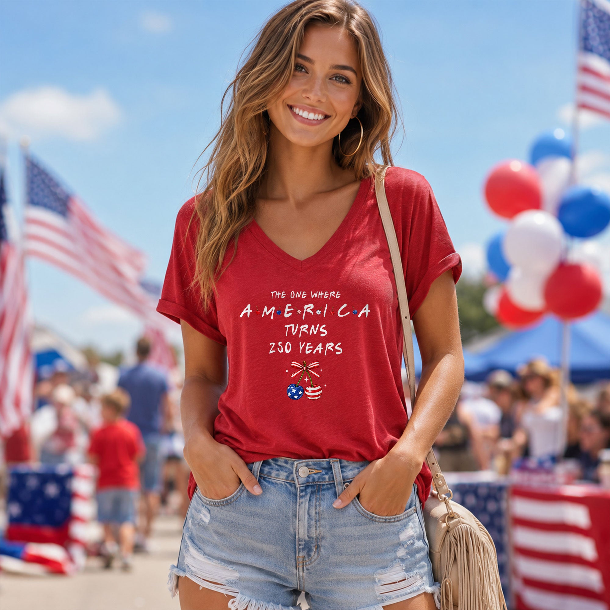 250 Years America Turns Friends Font Women V Neck T Shirt Patriotic Cherries Graphic Top