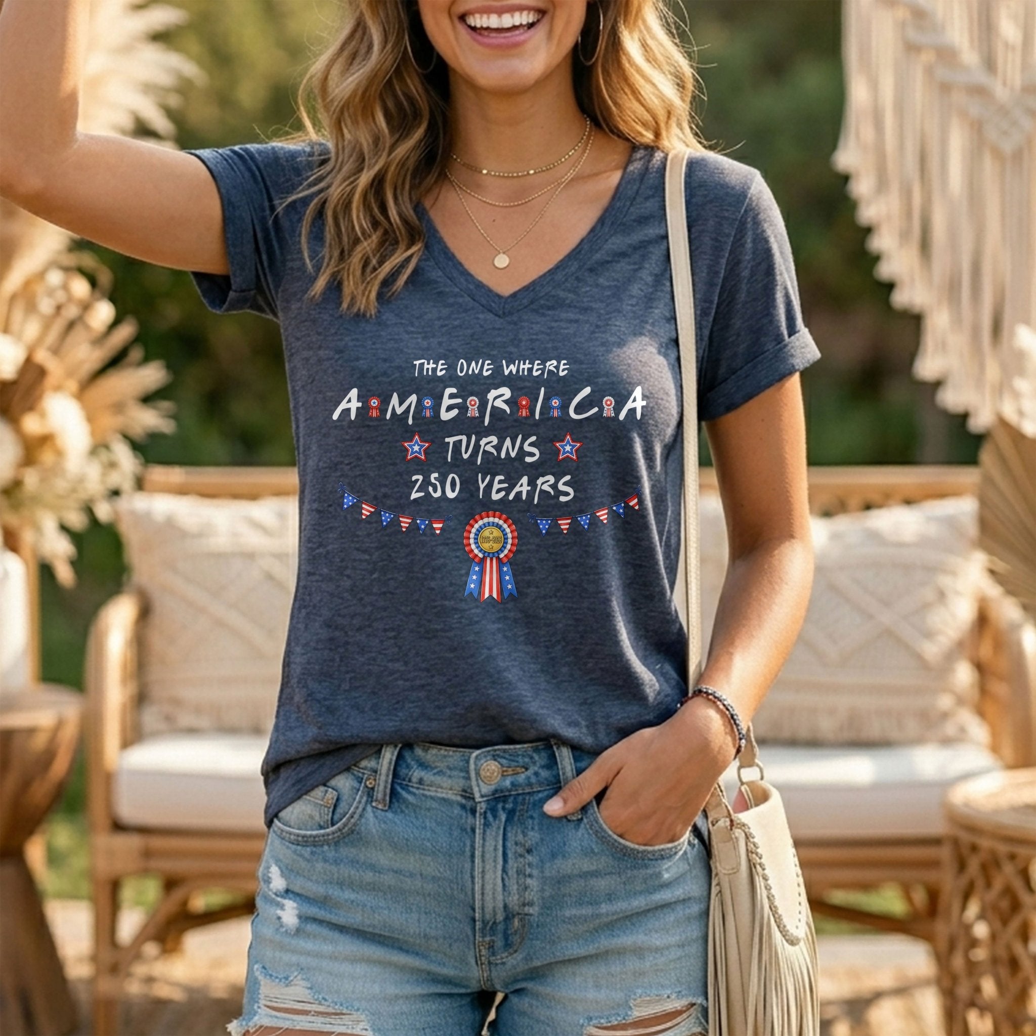 Patriotic Ribbon Bunting America Turns 250 Years Women V Neck T Shirt Heather Navy Tee - Rust Field Wear