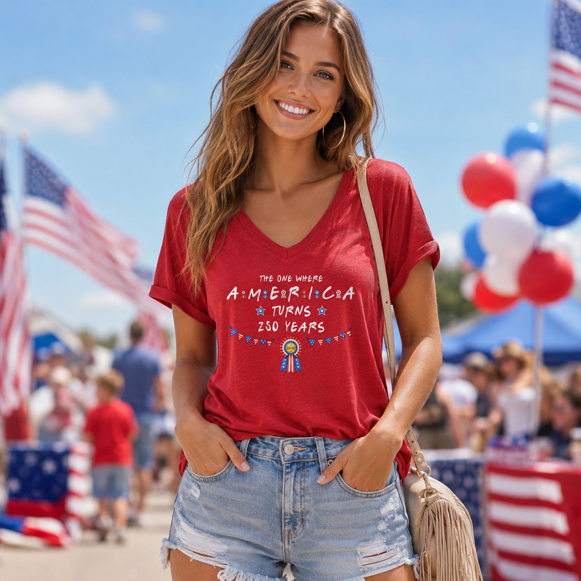 Patriotic Ribbon Bunting America Turns 250 Years Women V Neck T Shirt Heather Navy Tee