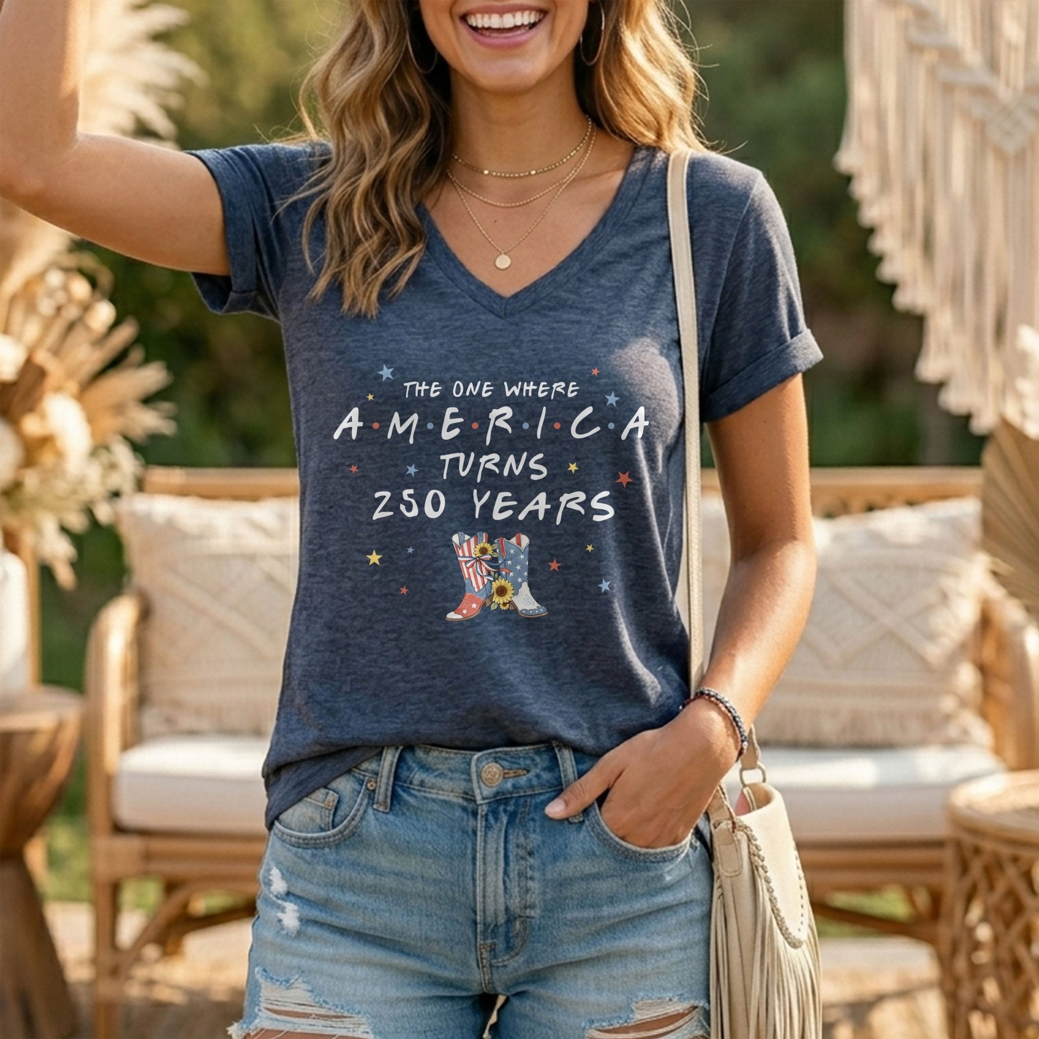 250 Years America Turns Friends Font Women V Neck T Shirt Patriotic Cowgirl Boots Top - Rust Field Wear
