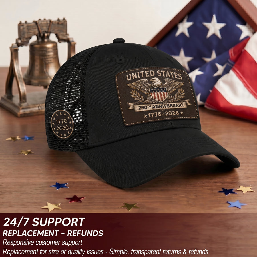 US 250th Anniversary Trucker Hat Vintage American Eagle Leather Patch Black Cap