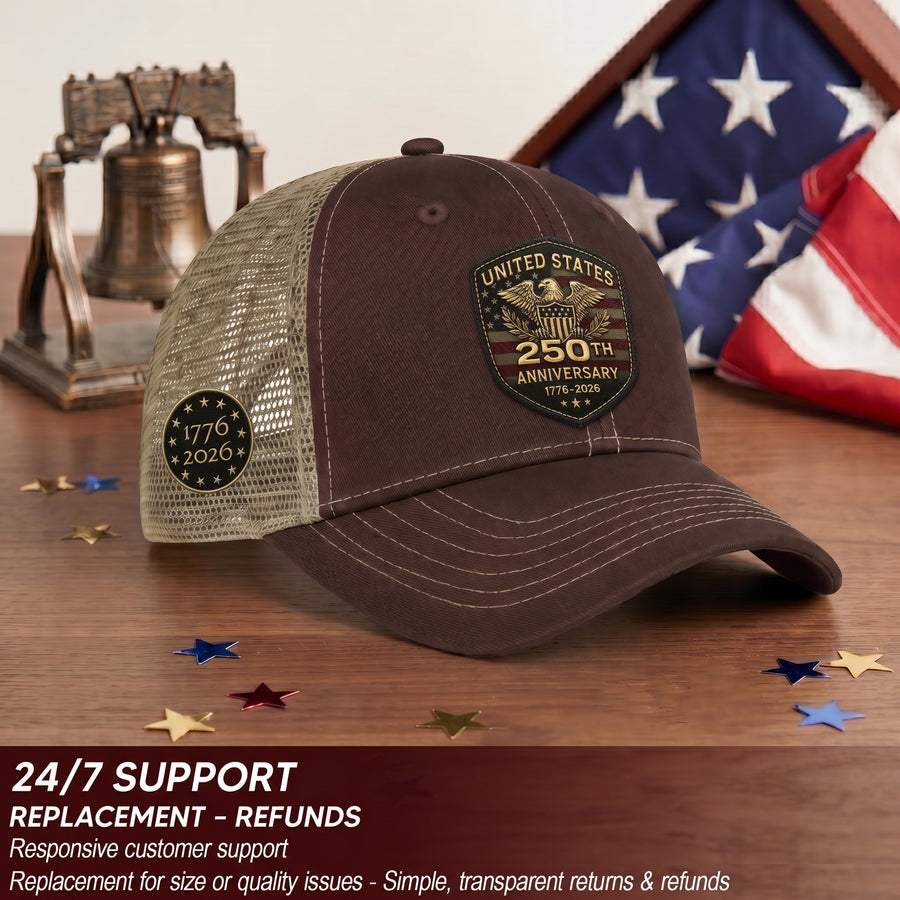 US 250th Anniversary Leather Patch Hat - Patriotic 1776-2026 American Flag Trucker Cap