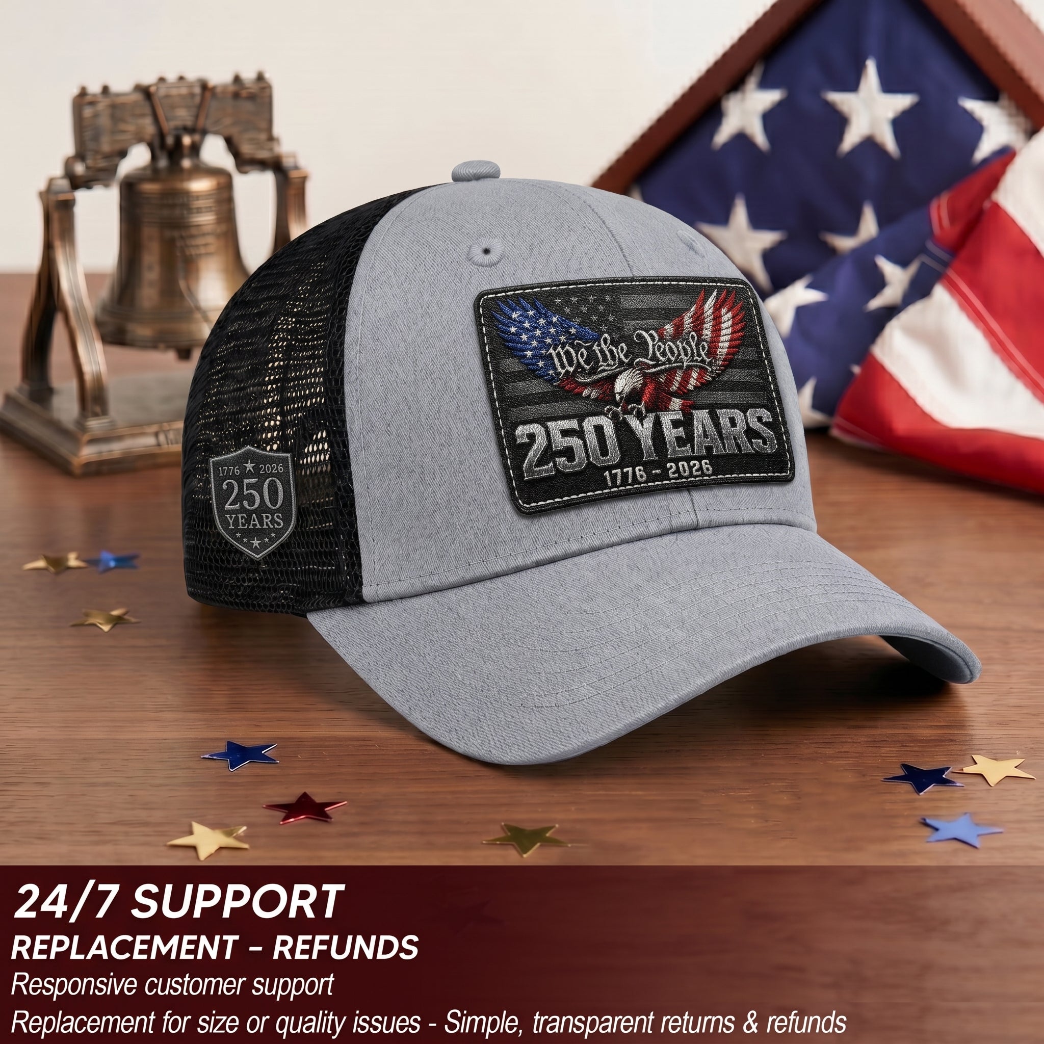 We The People 250 Years Hat - US Patriotic 1776-2026 American Flag Mesh Trucker Cap