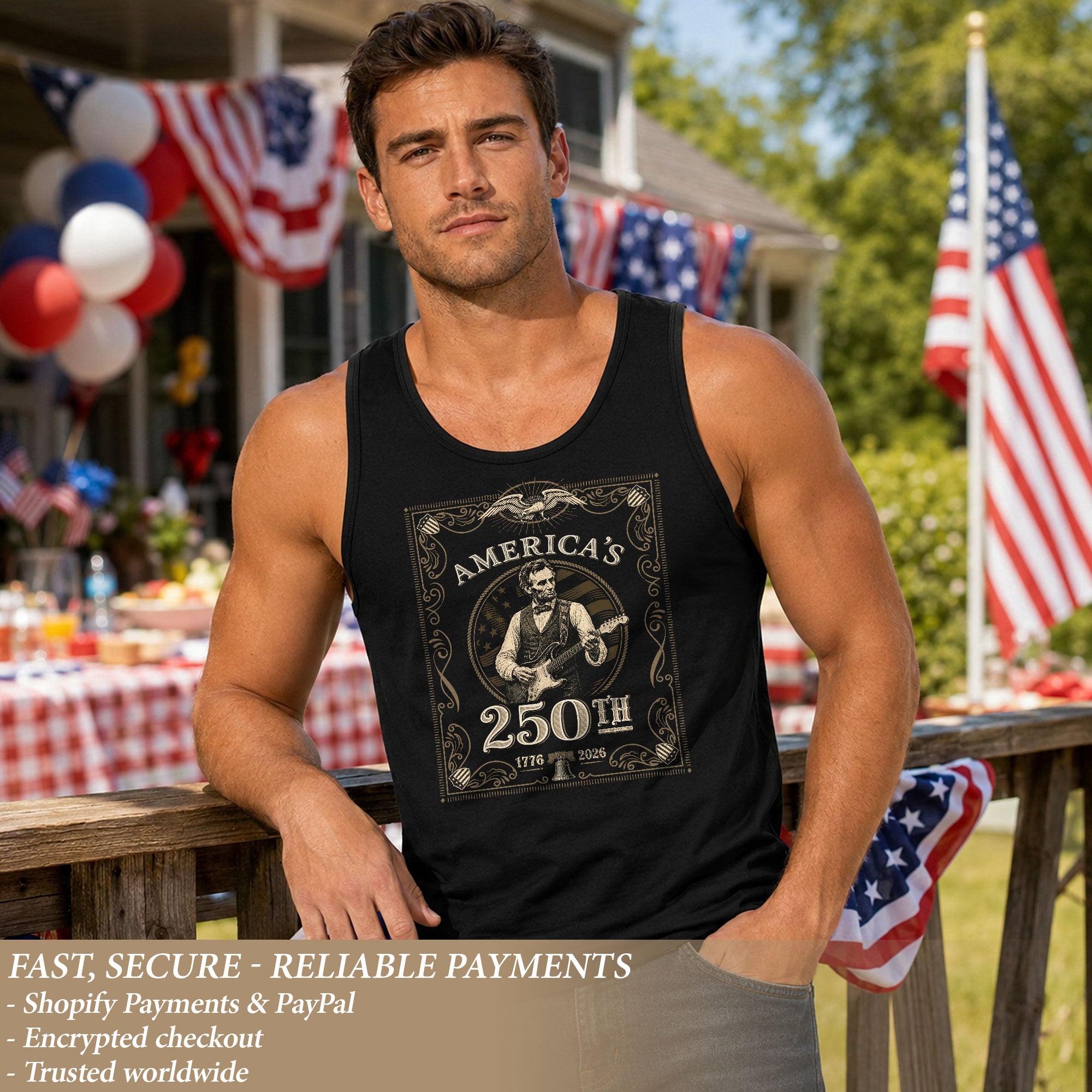 Lincoln Guitar Tank Top 1776-2026 Patriotic Vintage 250th Men Graphic Sleeveless Shirt
