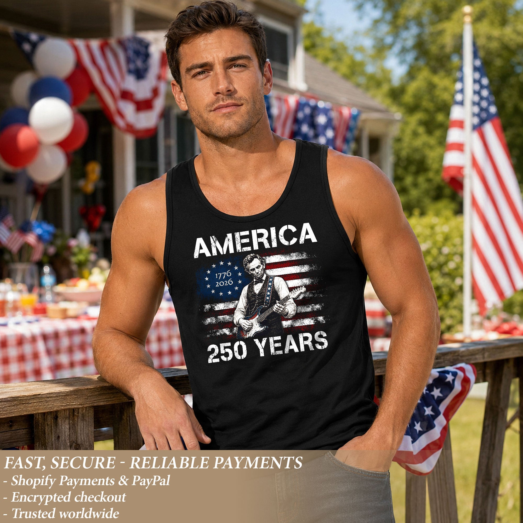 Retro Lincoln Guitar Flag Tank Top 1776-2026 Patriotic Vintage Men Graphic Sleeveless Shirt