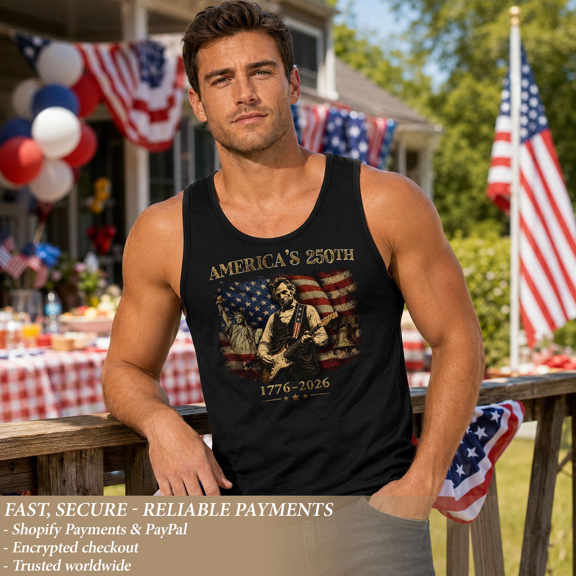 Lincoln Liberty Statue Guitar Tank Top 1776-2026 Patriotic Vintage Men Graphic Gym Shirt