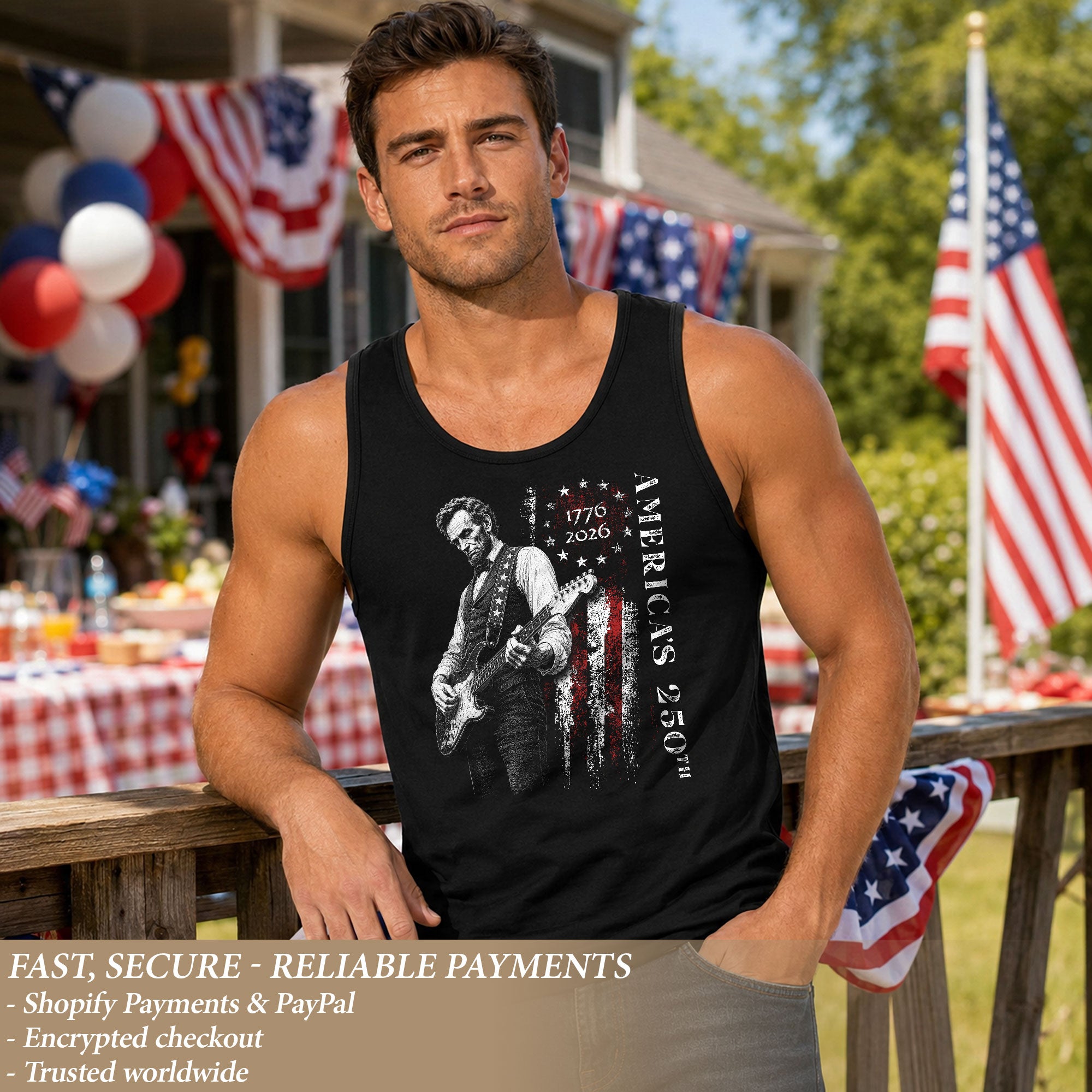 Vertical Flag Lincoln Guitar Tank Top 1776-2026 Patriotic Vintage Men Graphic Gym Shirt